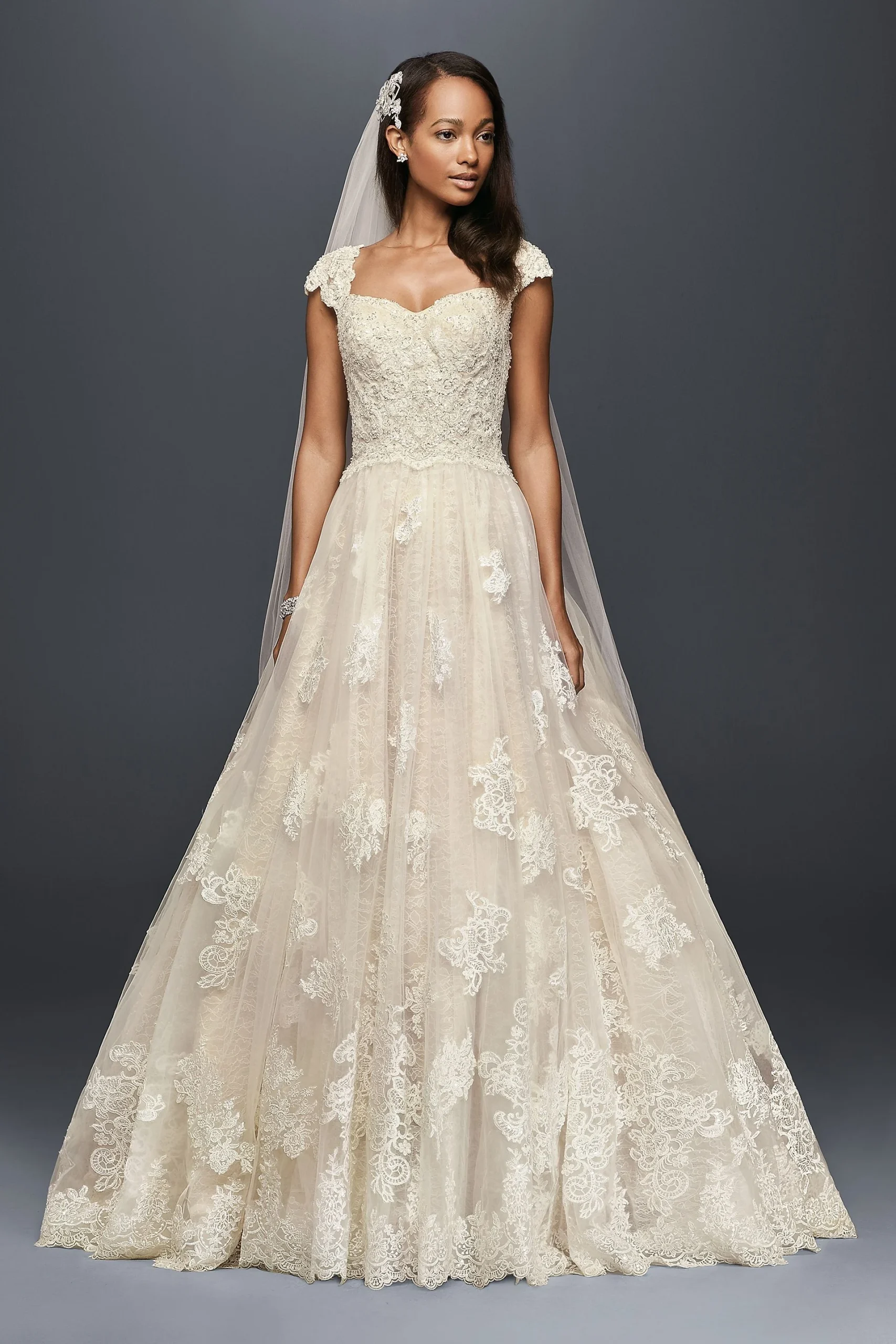 Cap Sleeve Lace Plus Size Ball Gown Wedding Dress