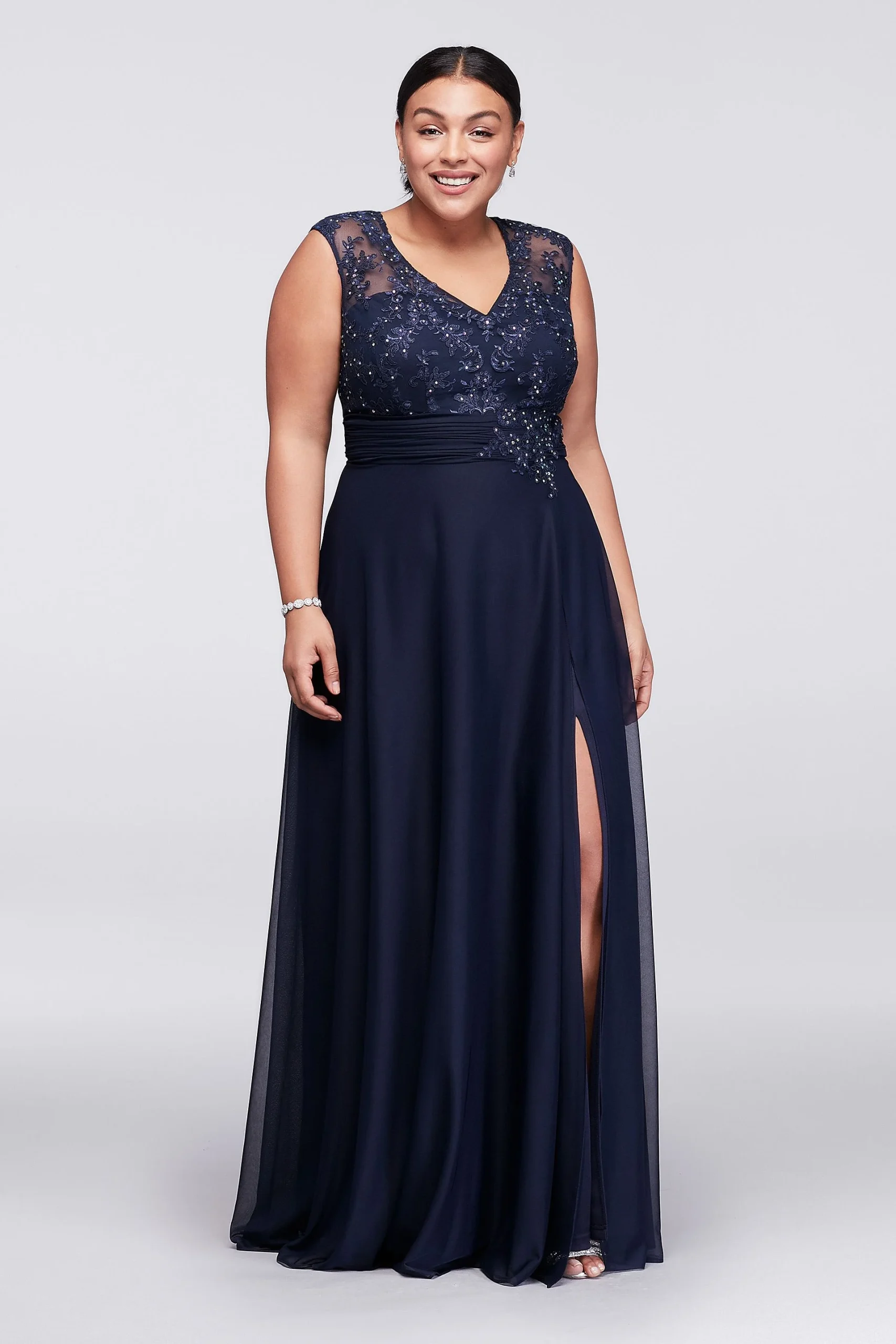 Cap Sleeve A-Line Gown with Crystal Lace