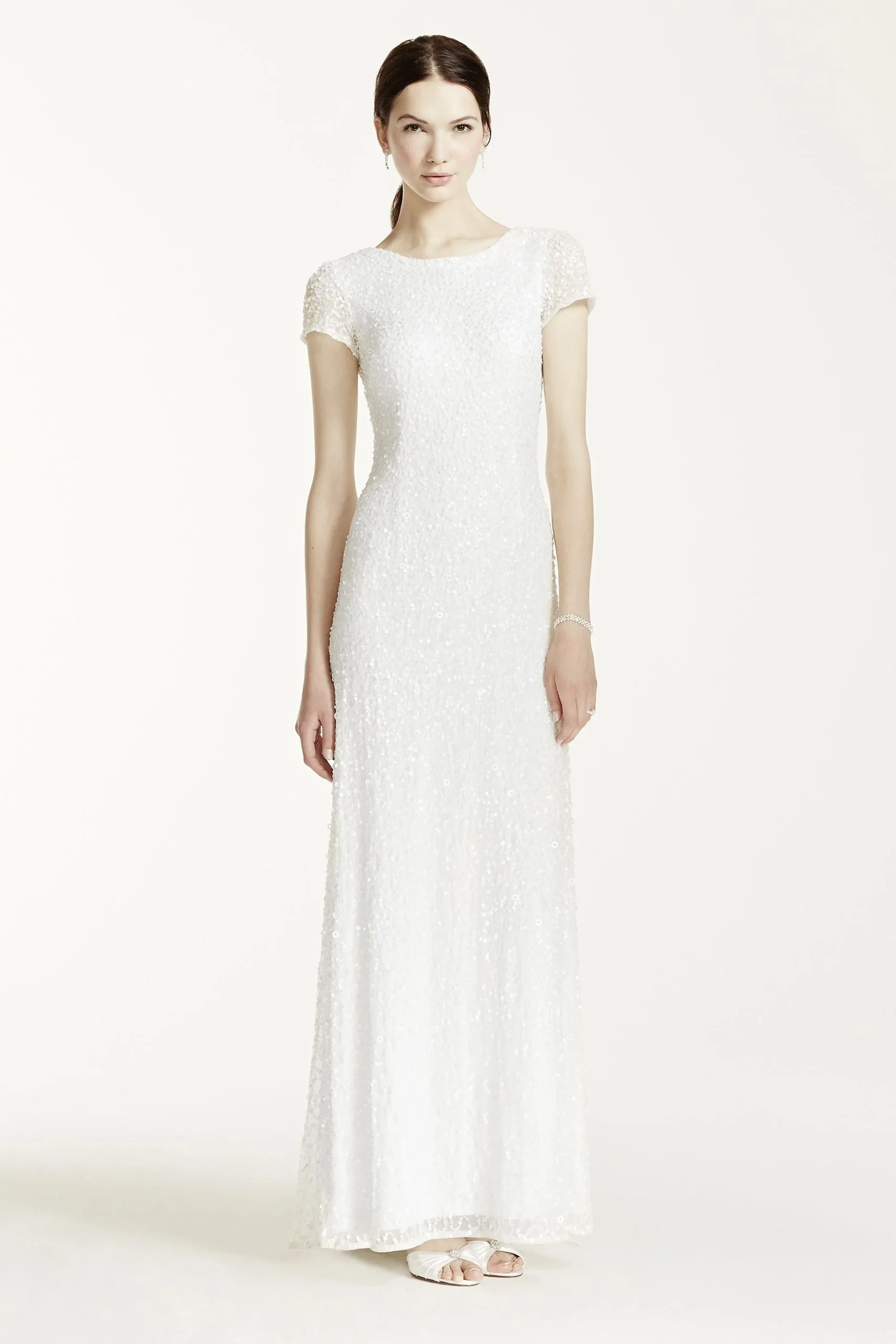 Cap Sleeve Long Beaded Sequin Dress