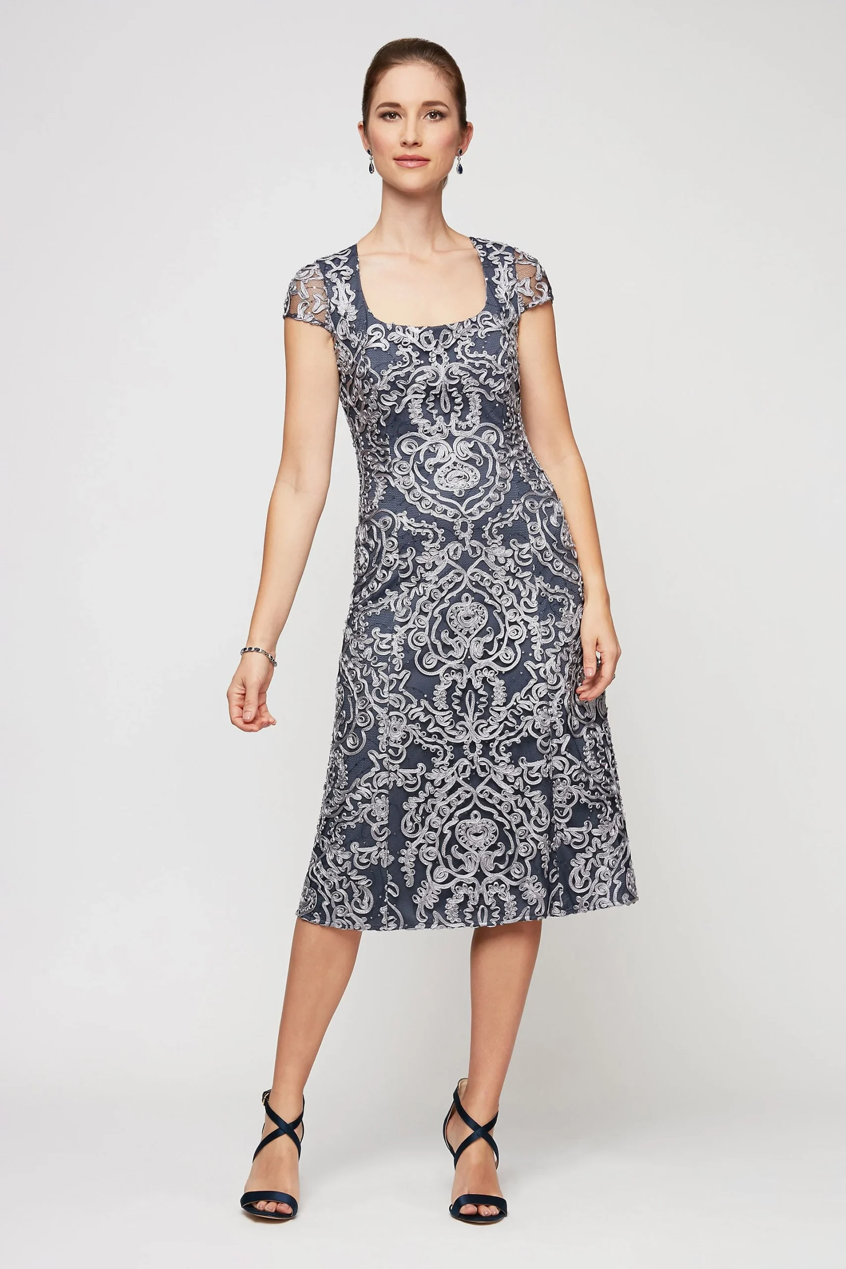 Cap Sleeve Midi Floral Soutache Sheath Dress