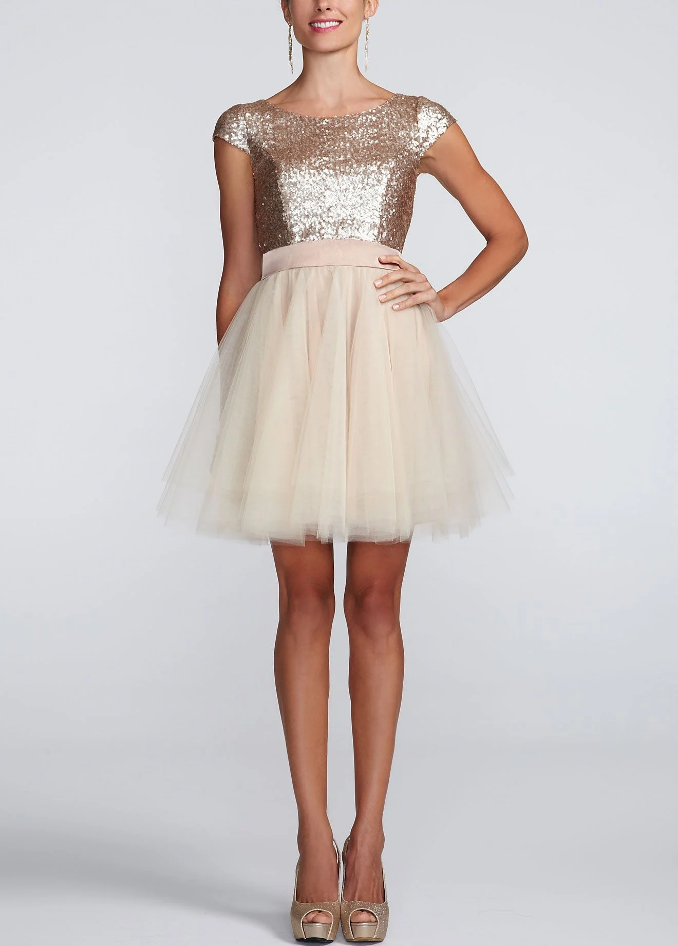Cap Sleeve Sequin Bodice Dress with Tulle Skirt