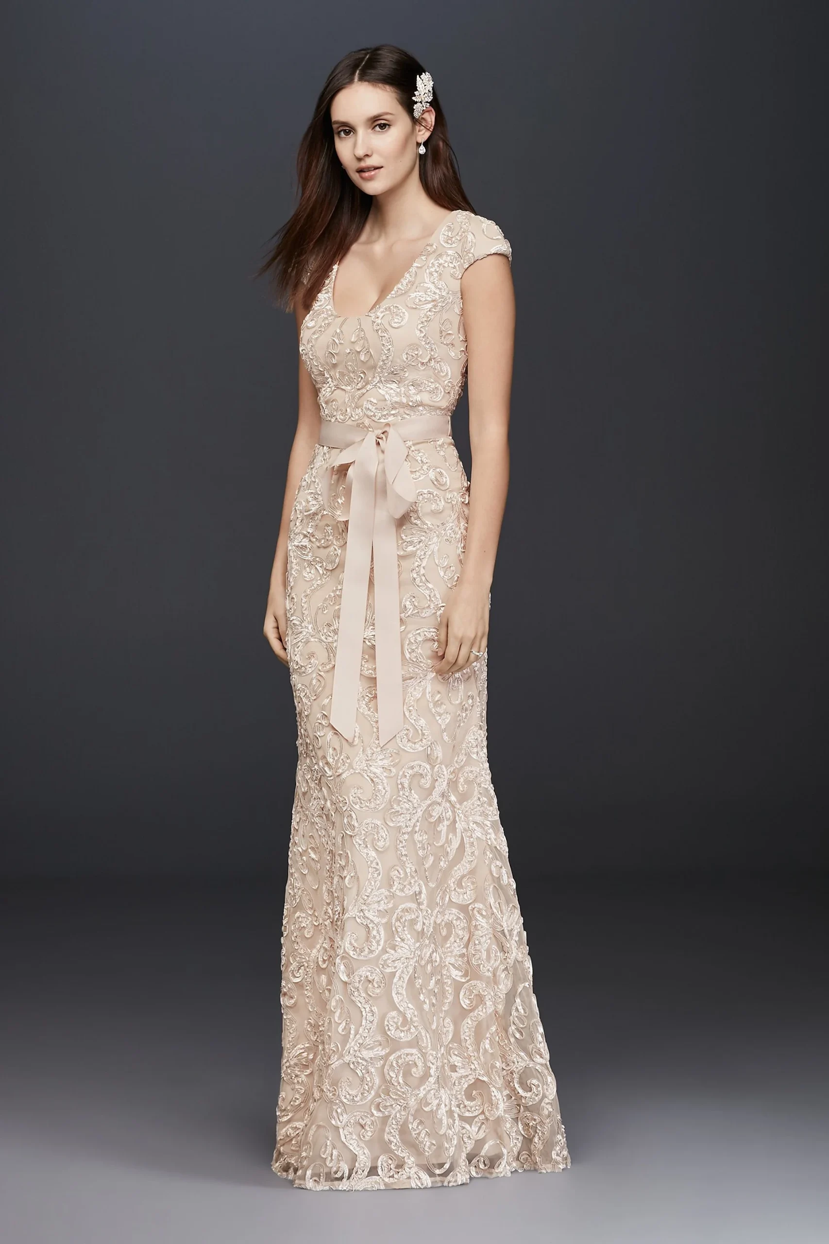 Cap Sleeve Soutache Lace Dress with Grosgrain Sash