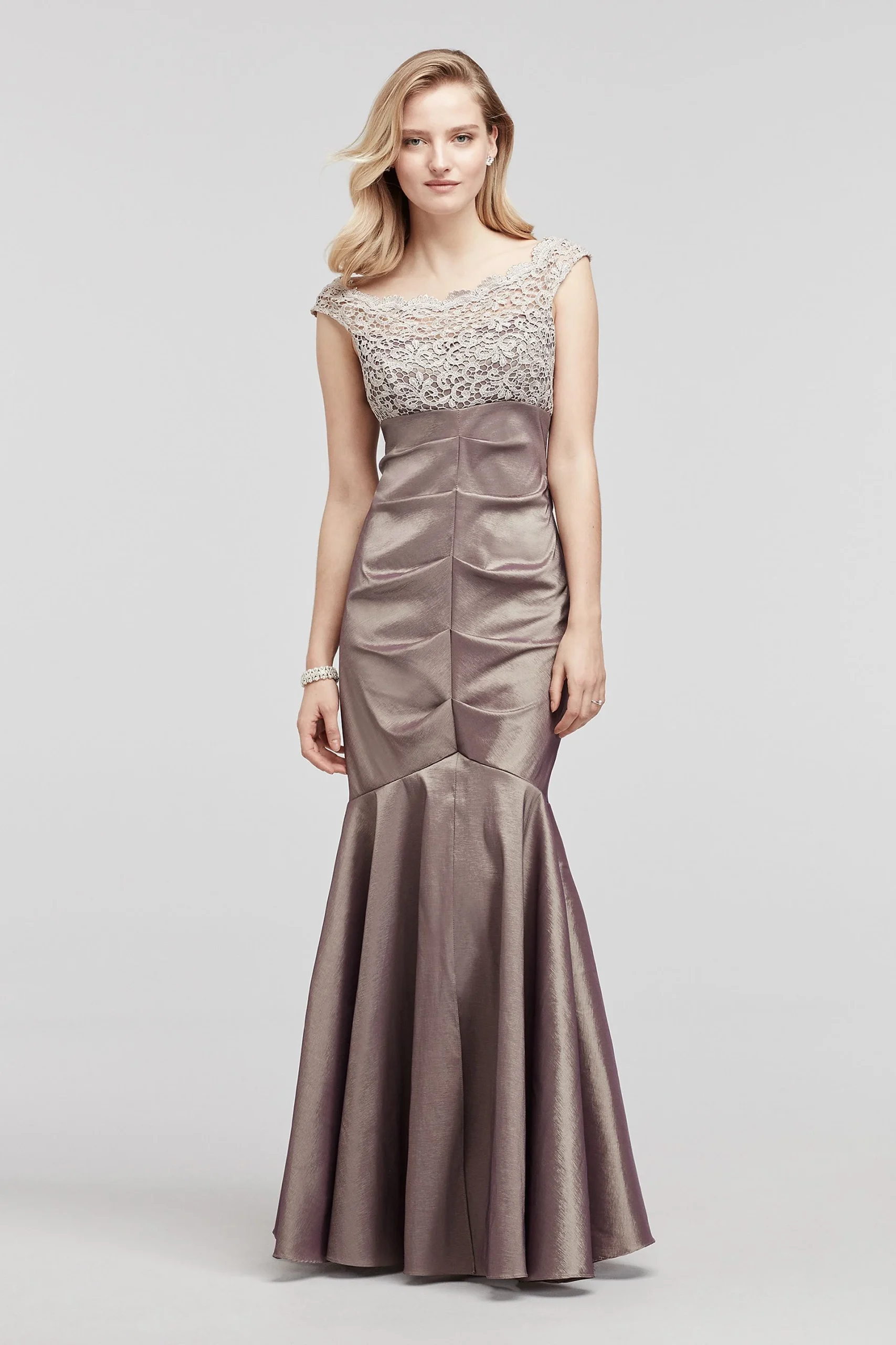 Cap Sleeve Taffeta Dress with Glitter Lace Bodice