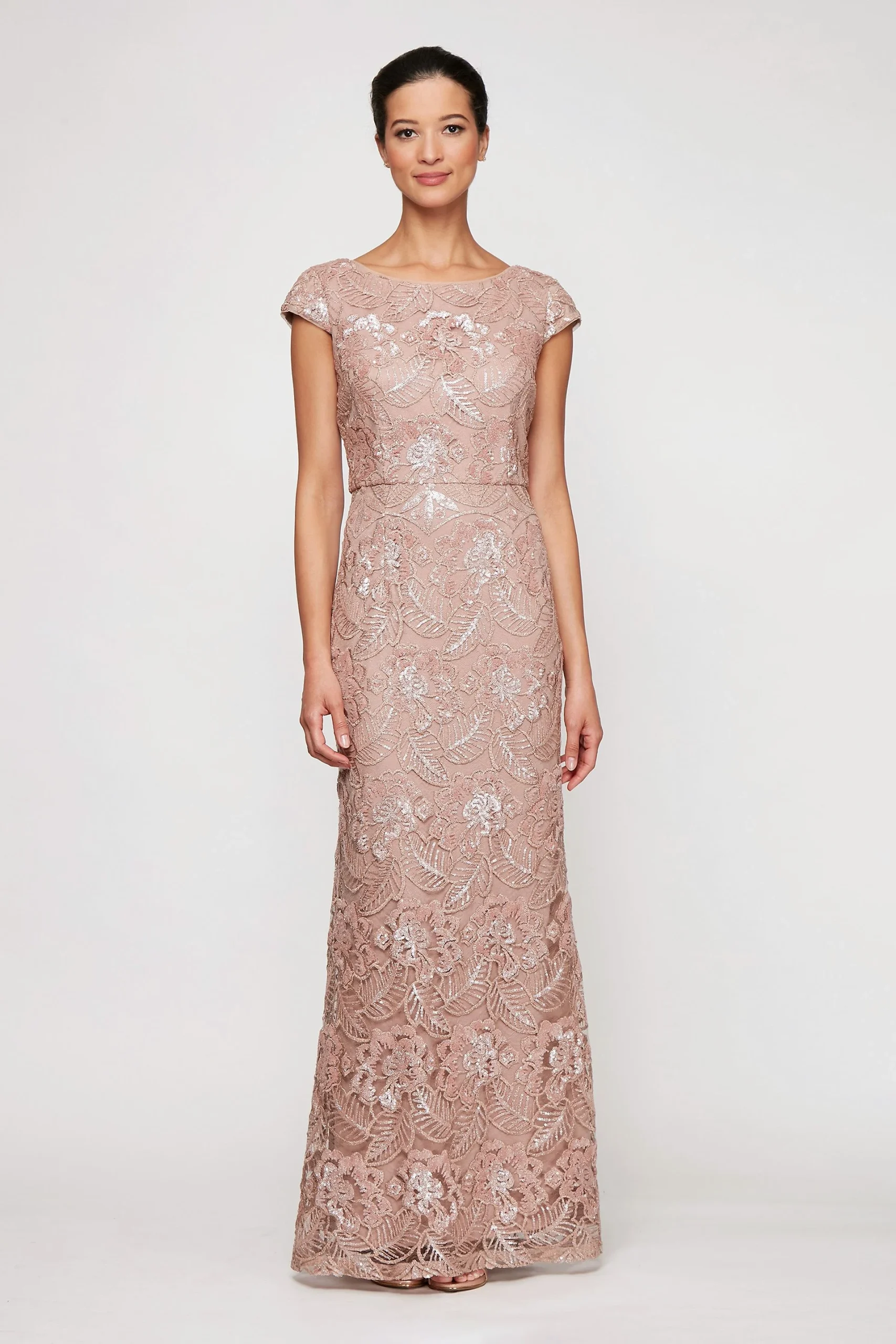 Cap Sleeve V-Back Embroidered Sequin Sheath Dress