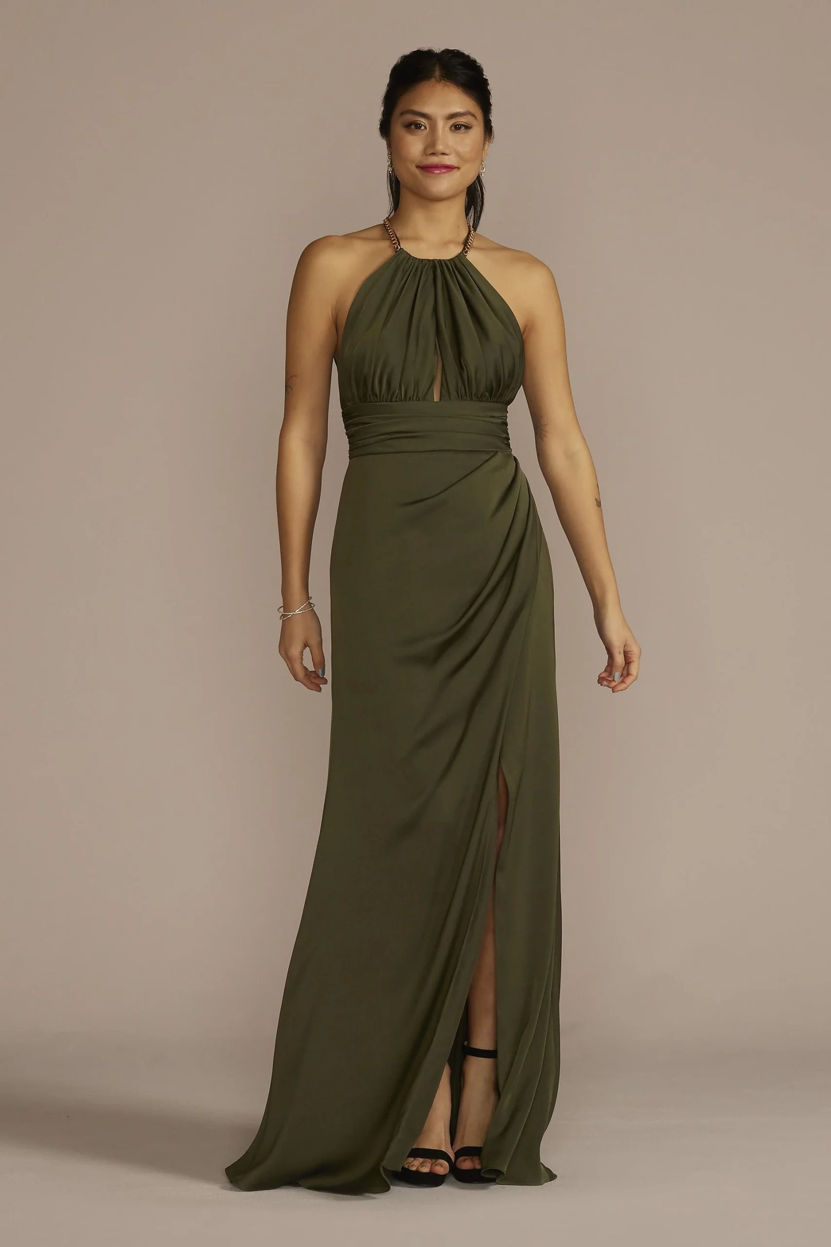Chain Halter Satin Keyhole Sheath Dress
