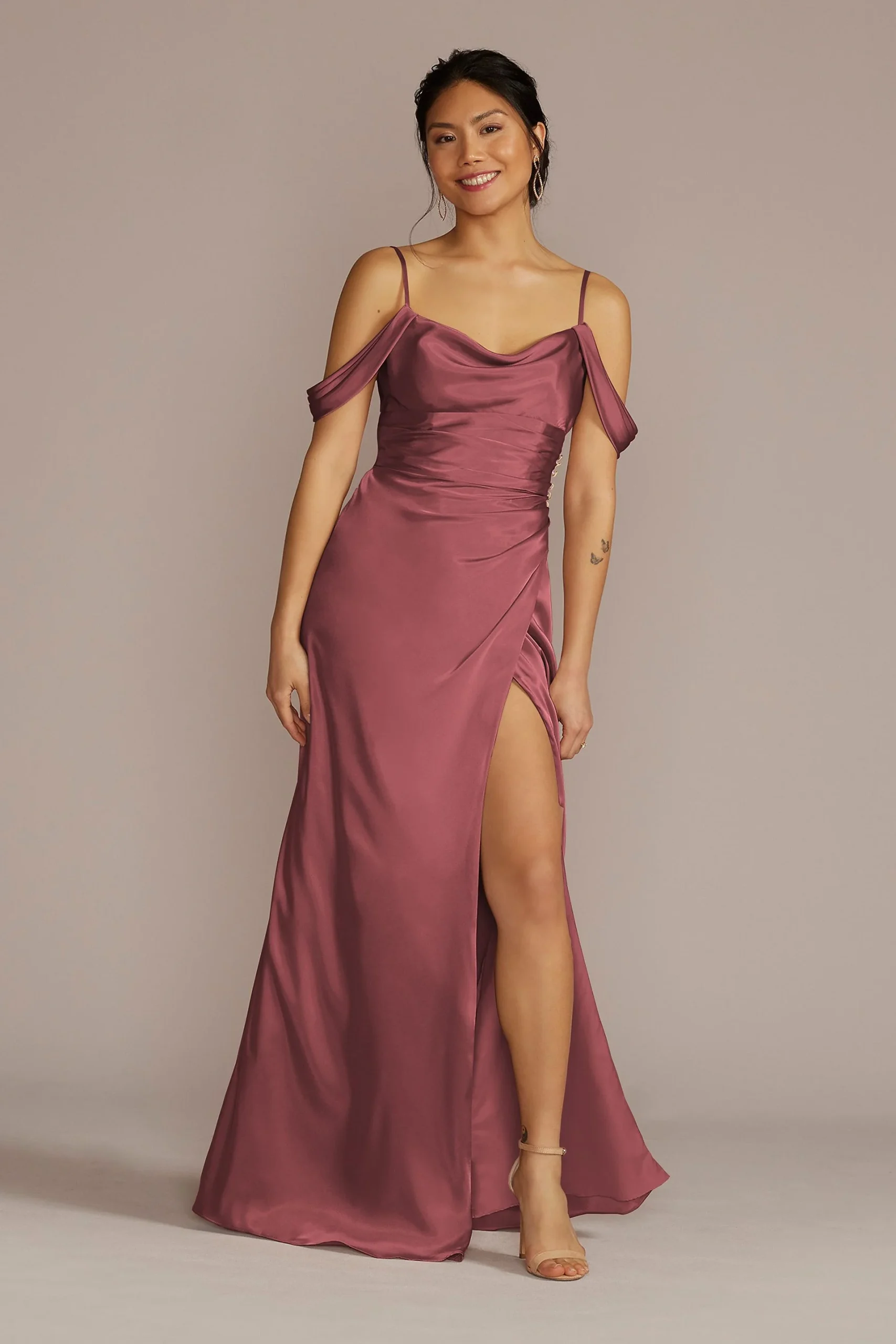 Charmeuse Cowl Dress with Swag Sleeves
