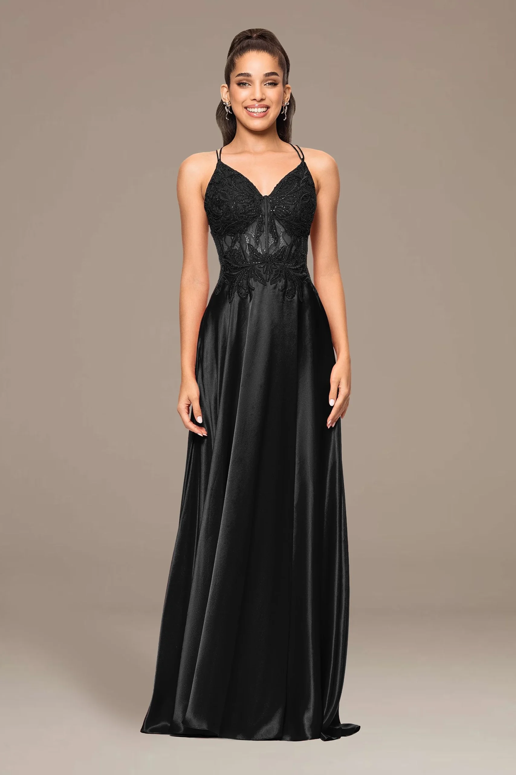Charmeuse A-Line Dress with Appliqued Bodice