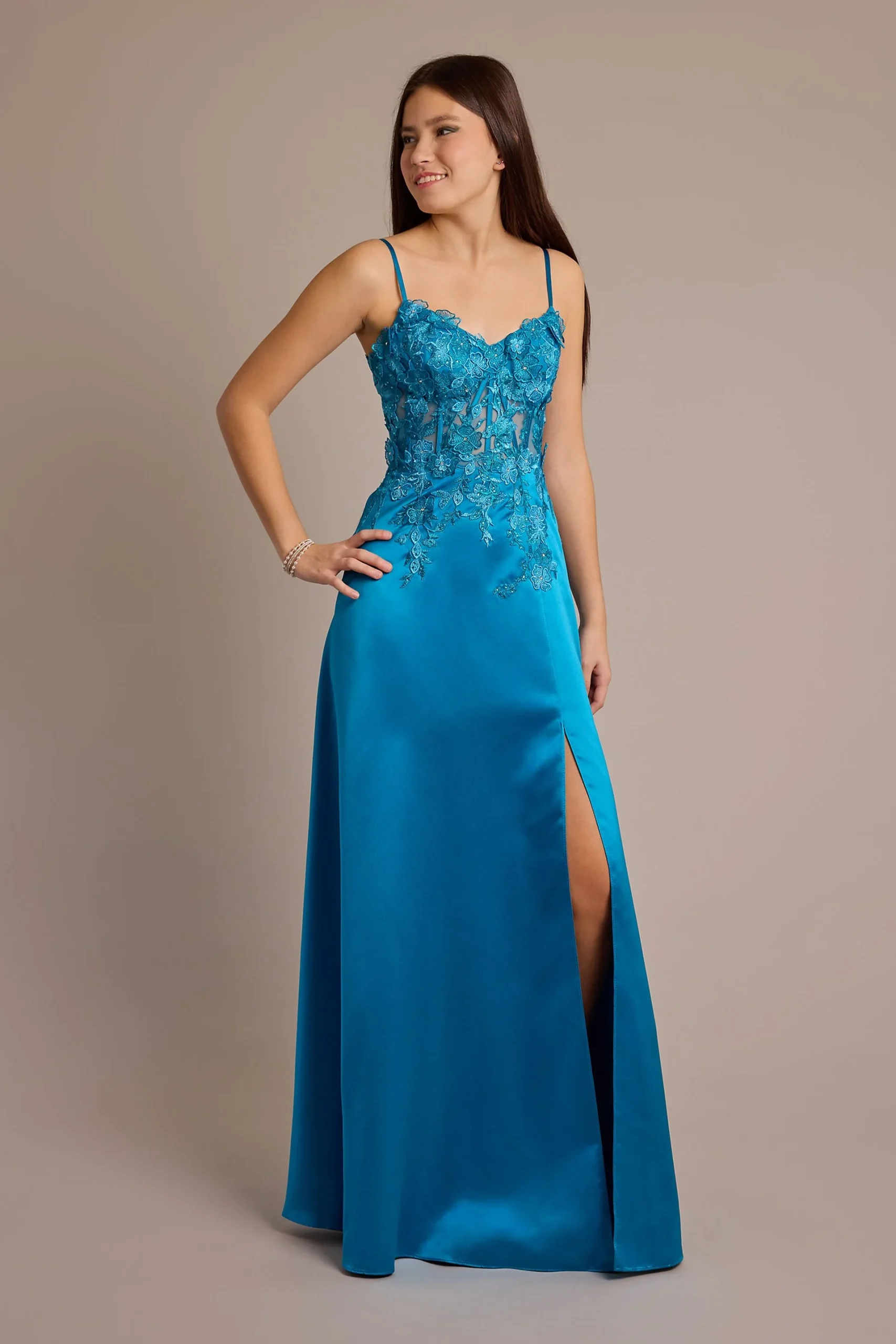 Charmeuse A-Line Dress with Floral Appliques