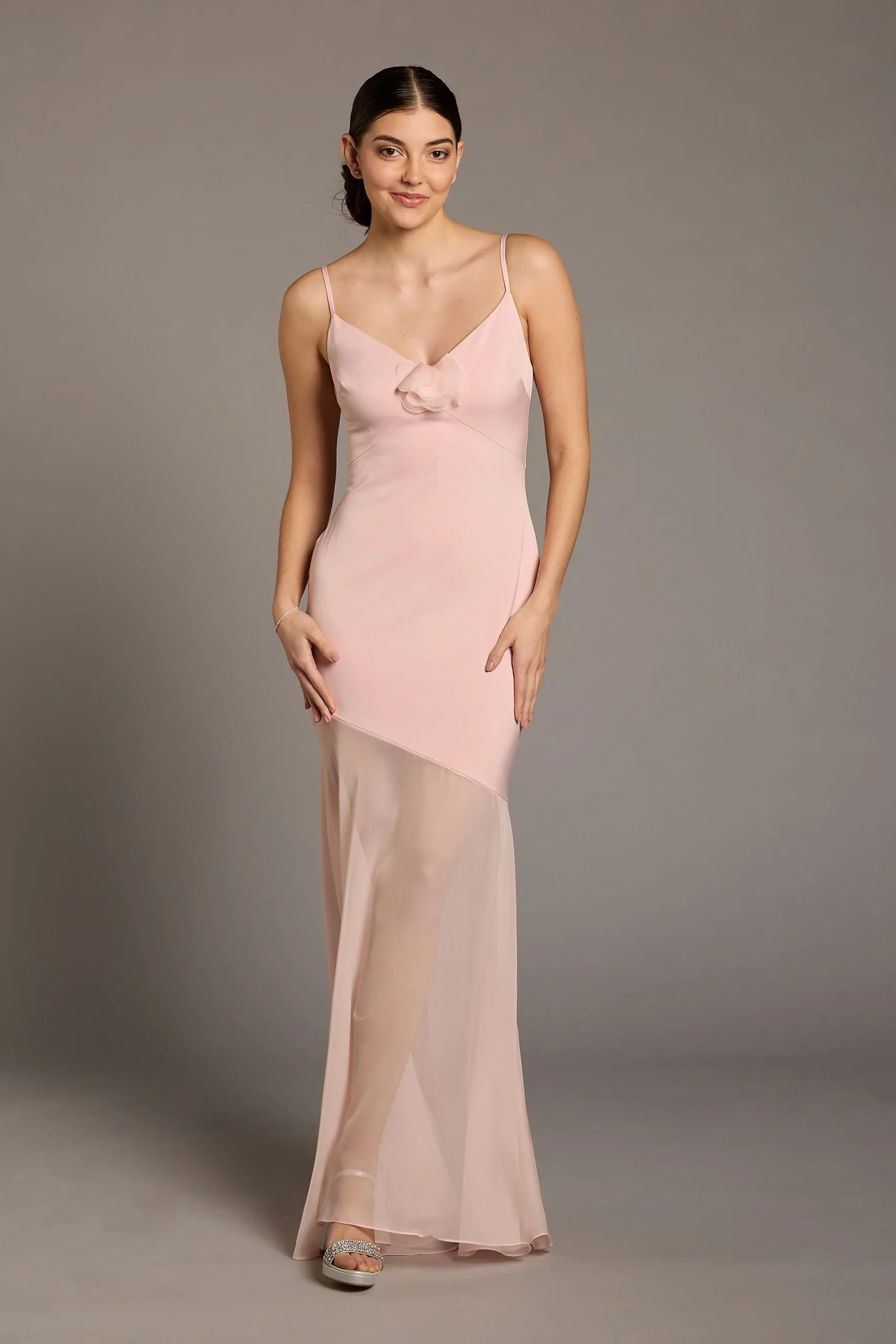Charmeuse Sheer Hem Dress with 3D Flowers
