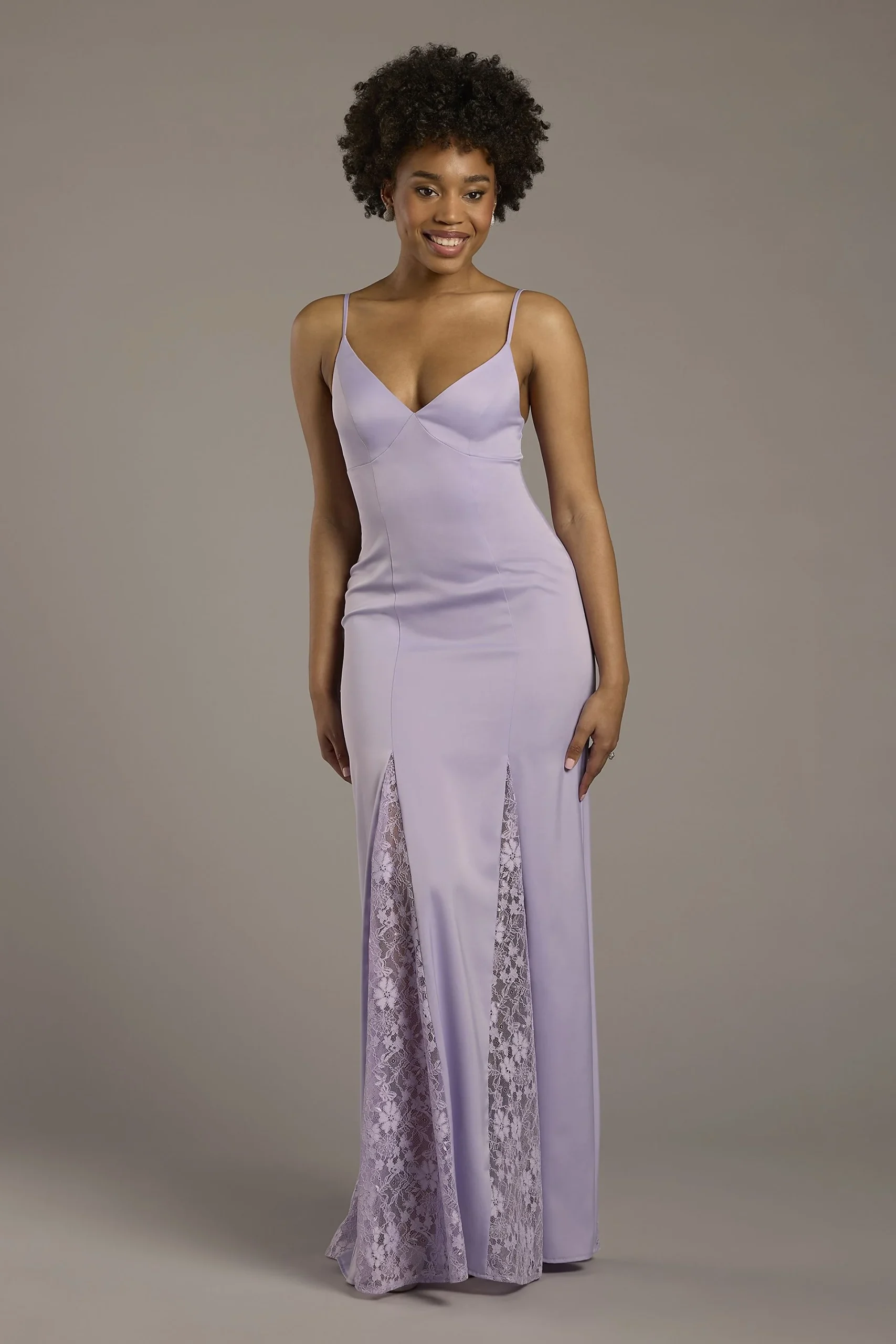 Charmeuse V-Neck Dress with Chantilly Lace Insets