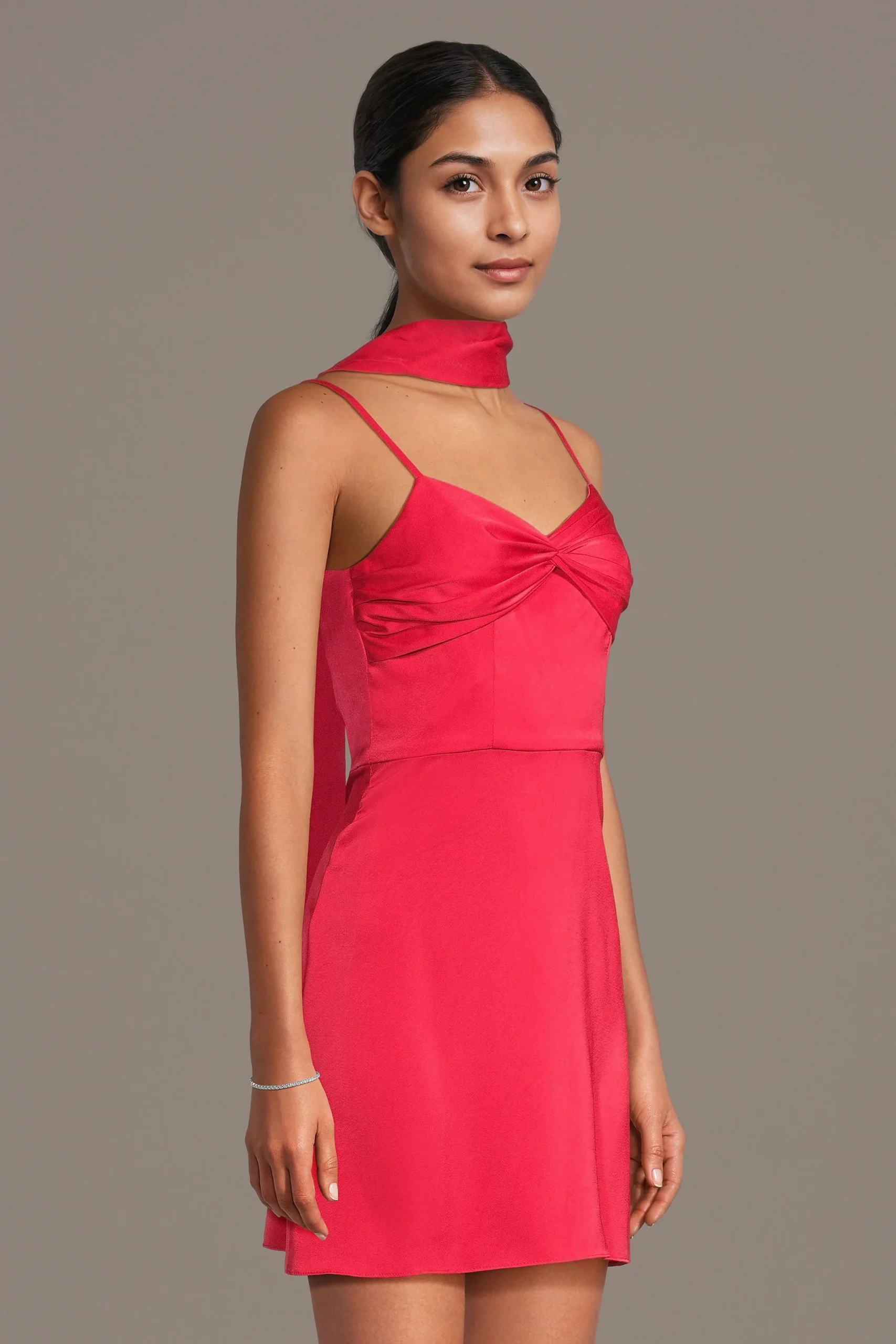 Charmeuse V-Neck Mini Dress with Scarf