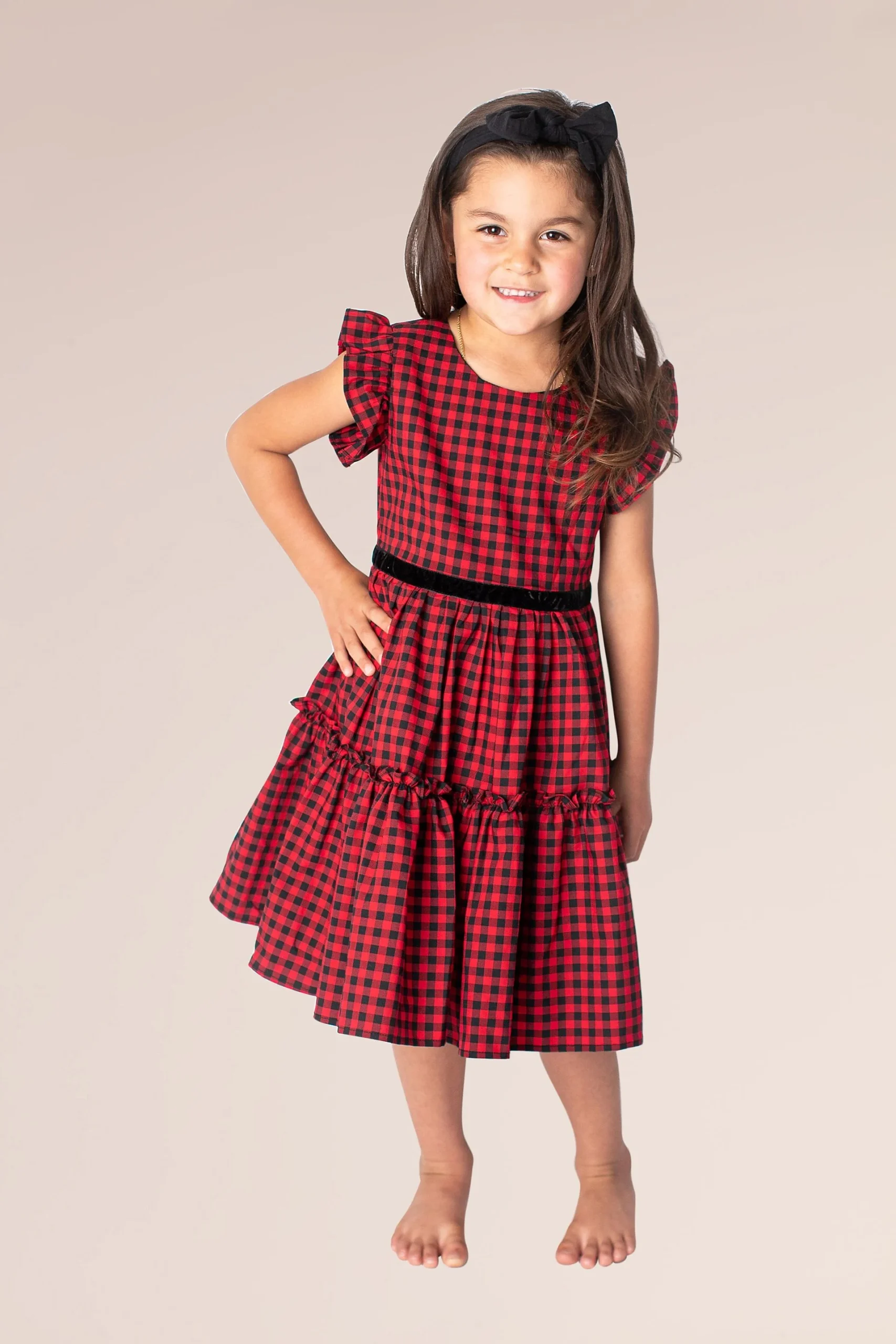 Checked Girls Dress with Flutter Sleeves