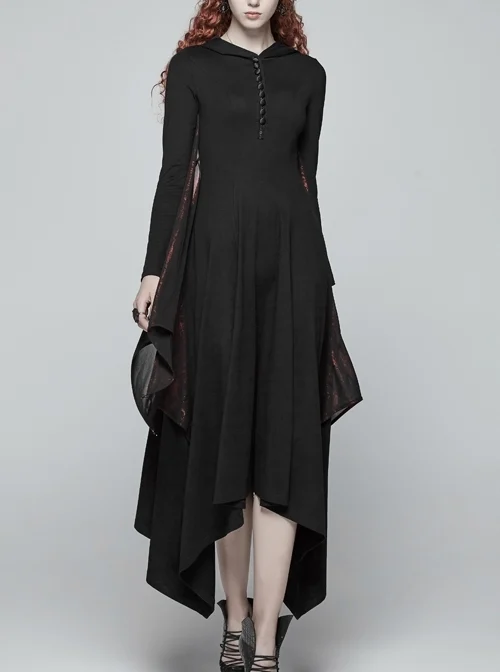 Chest Embroidery Sleeve Stitching Wine Red-Coated Chiffon-Made Batwing Styling Black Gothic Long Hooded Dress