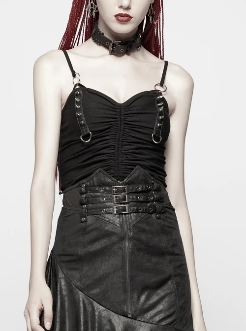 Chest Metal D-Buckle Rivet Woven Strap Lace-Up Hem Black Punk Knit Camisole