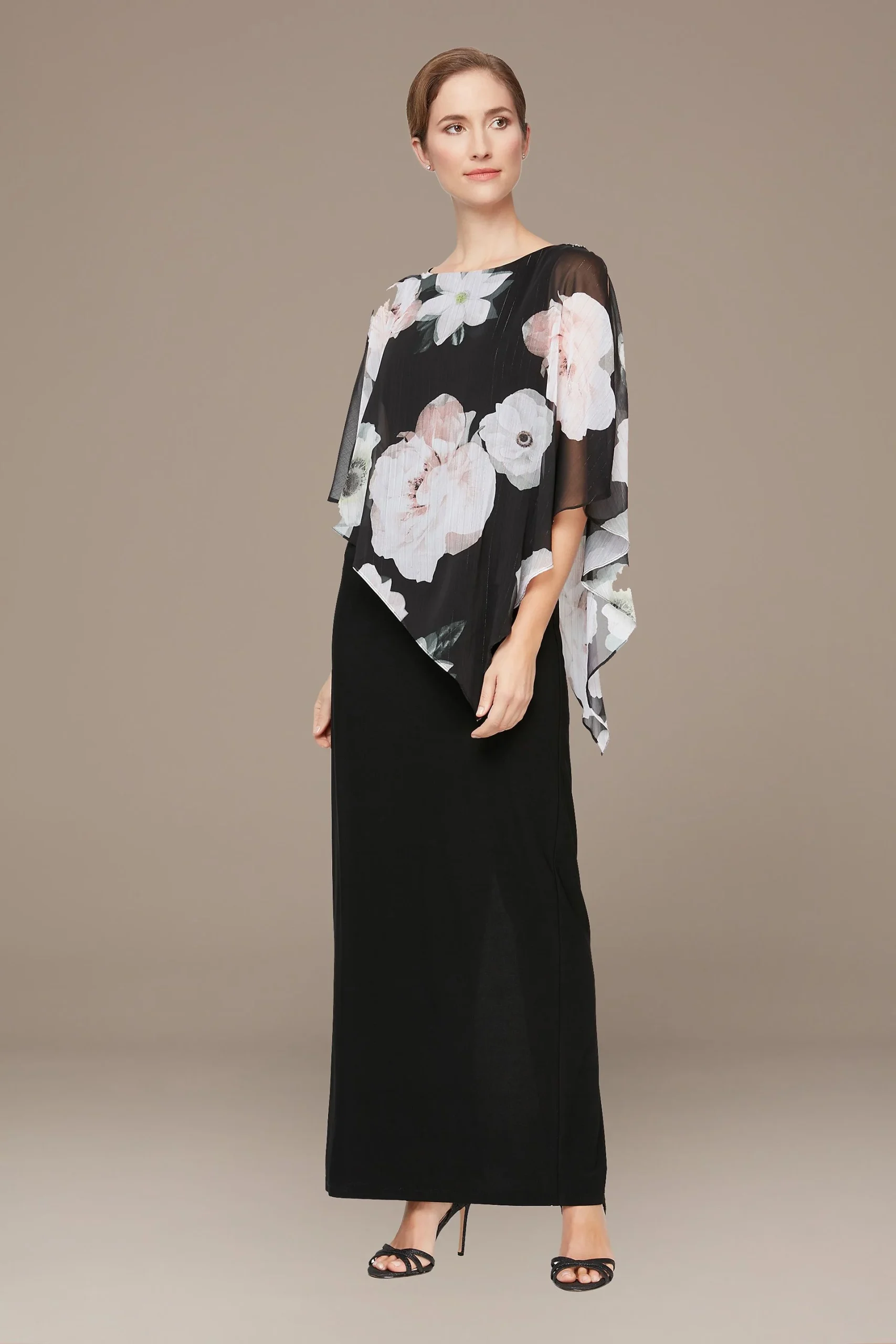 Chiffon Column Dress with Embellished Capelet