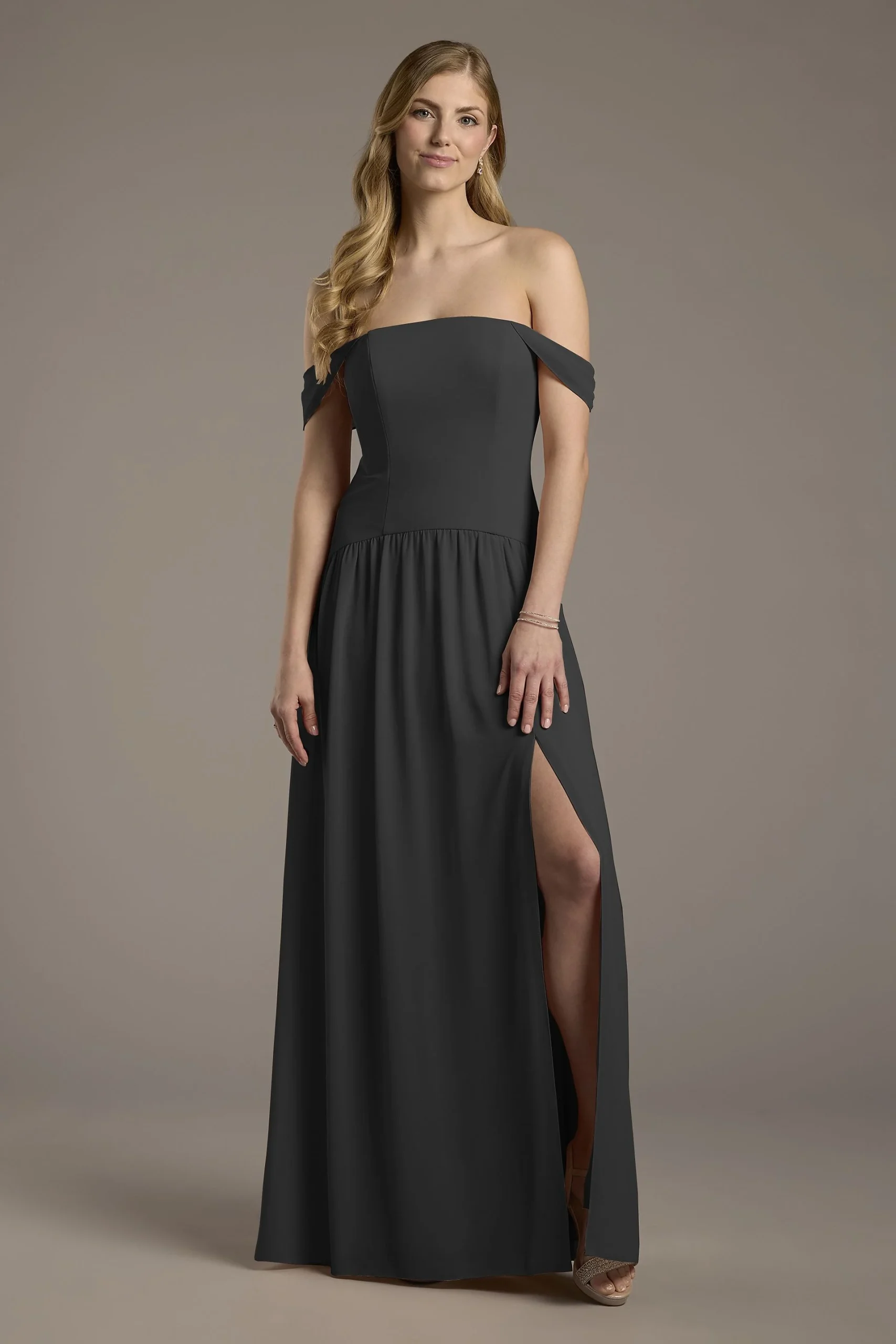 Chiffon Curved Drop Waist Off-the-Shoulder Dress