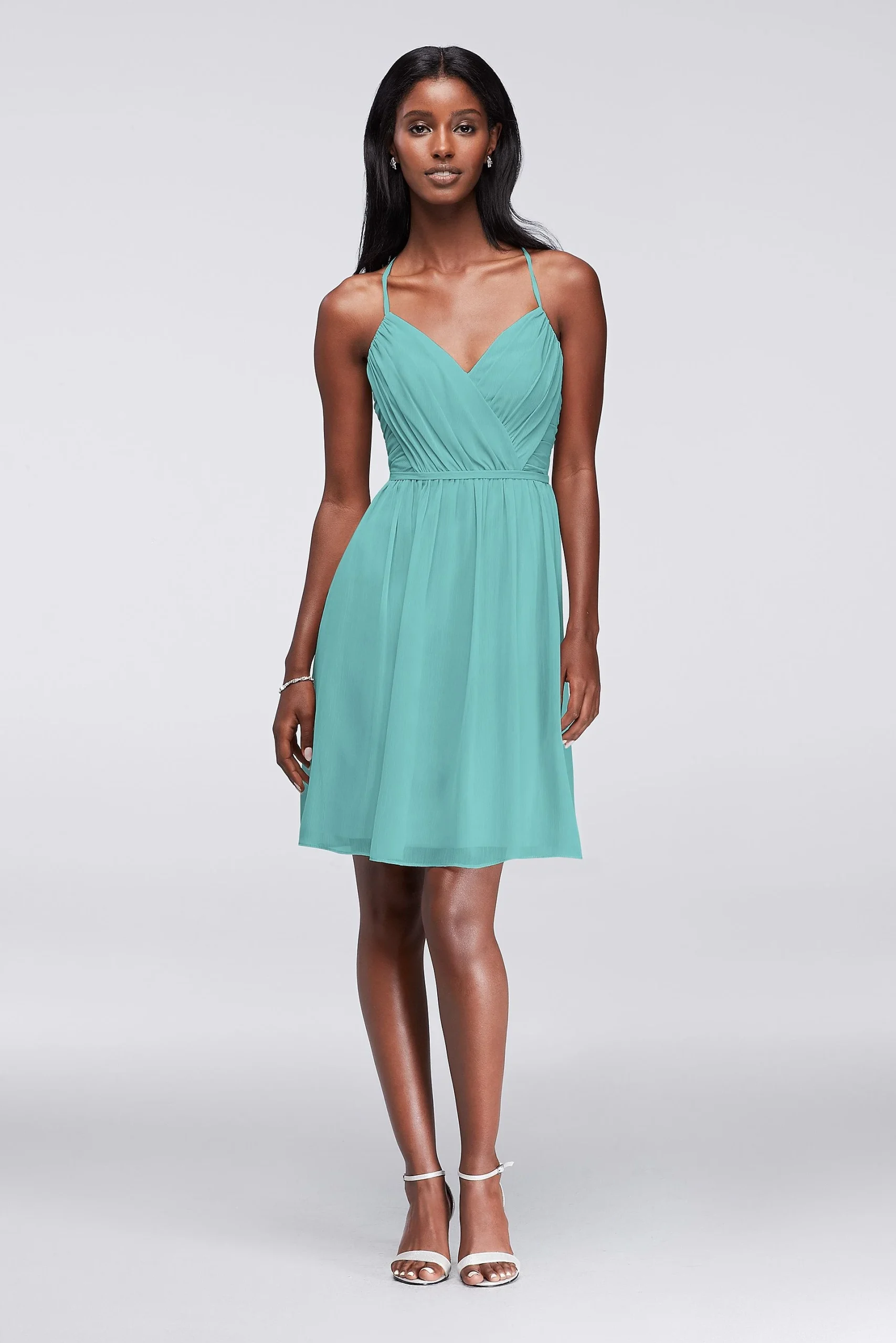 Chiffon Dress with Pleated Bodice and Strappy Back