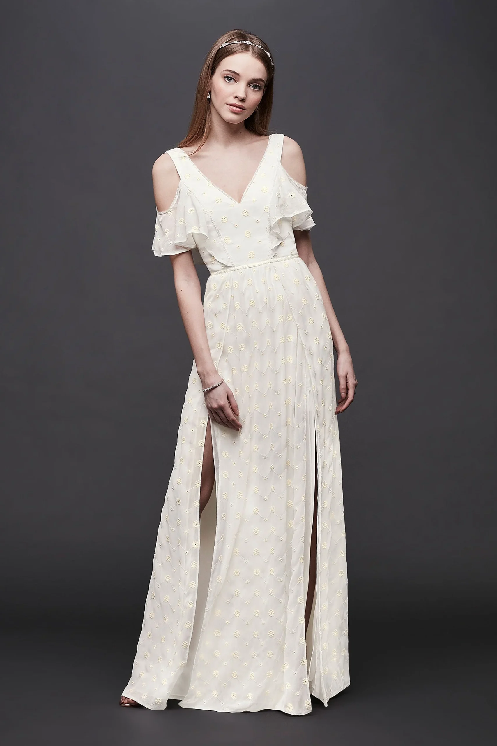 Chiffon Eyelet Sheath Wedding Dress with Ruffles