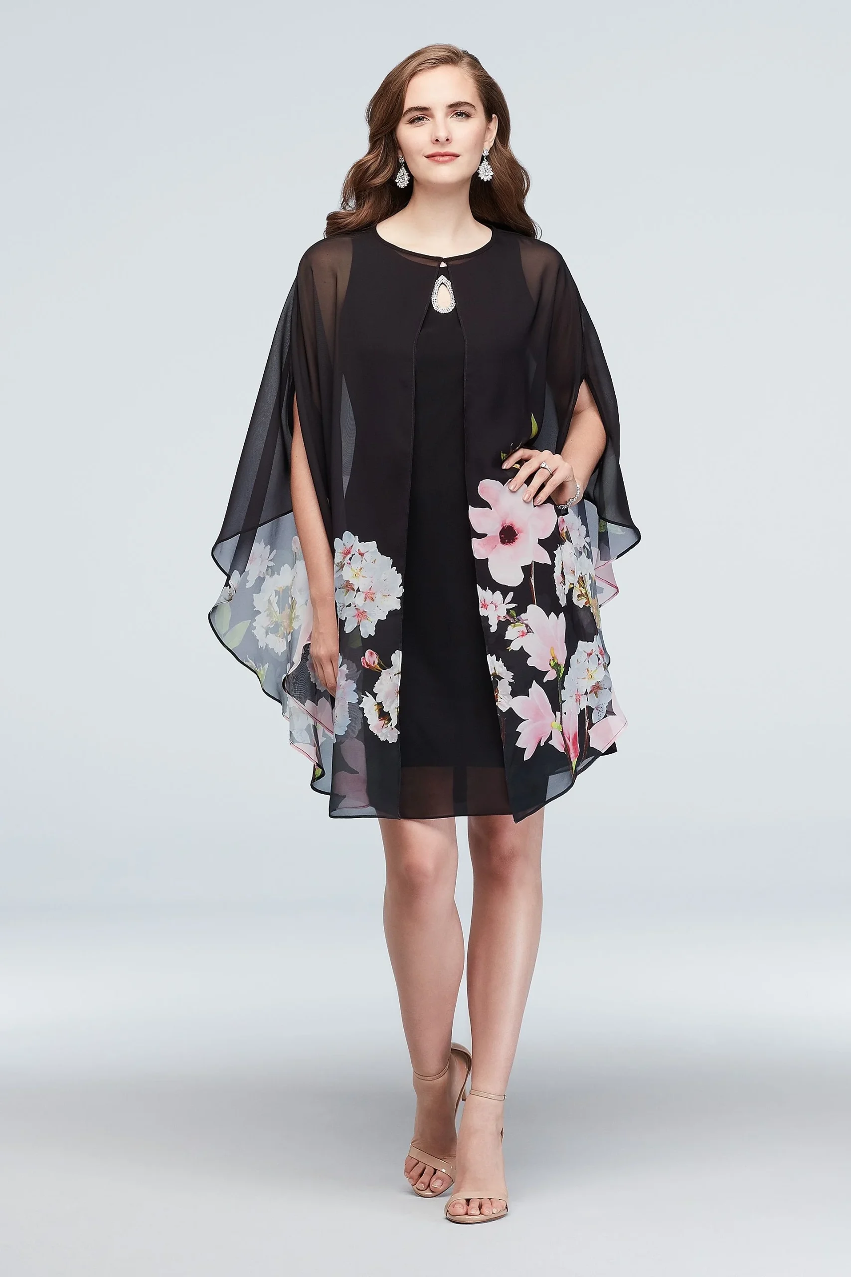 Chiffon Floral Capelet and Keyhole Dress Set