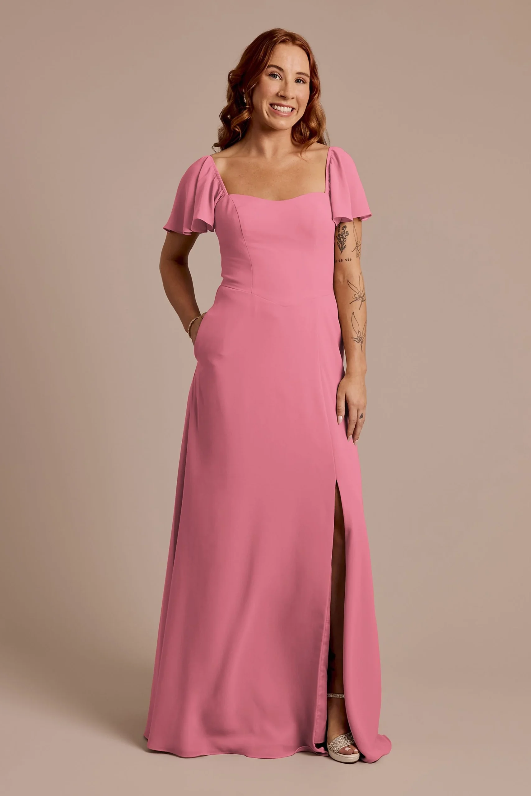 Chiffon Flutter Sleeve Dress with Basque Waist