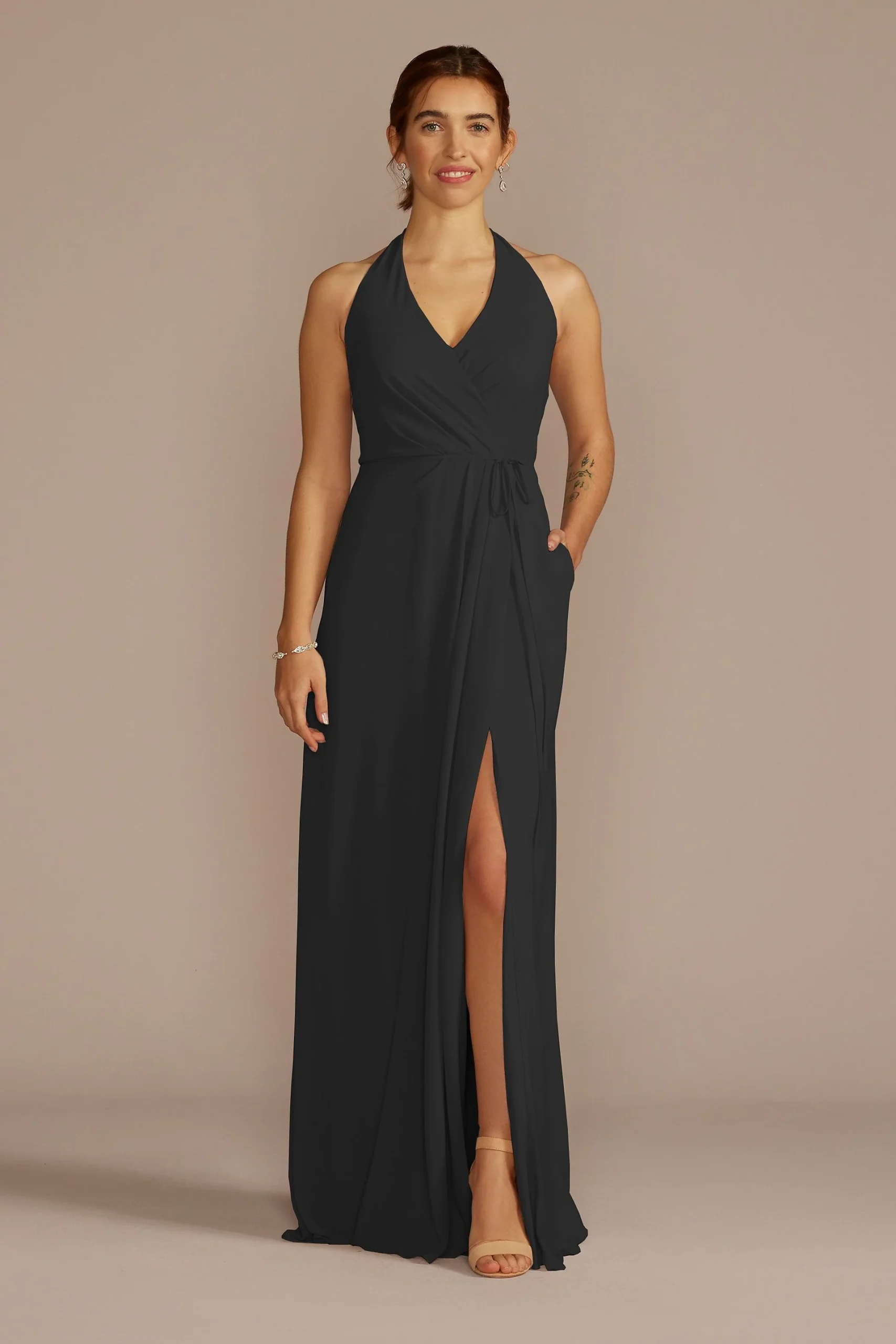Chiffon Halter Faux Wrap A-Line Dress