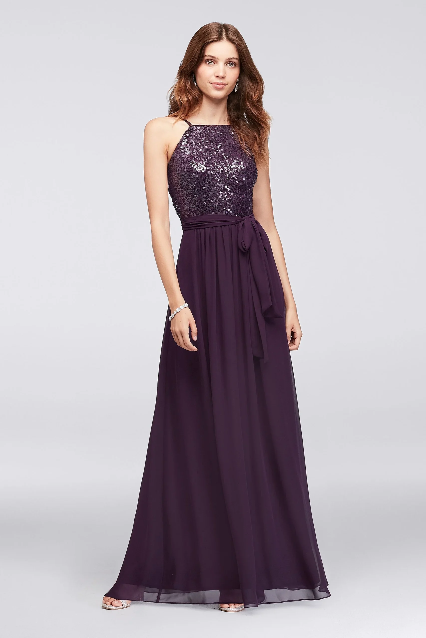 Chiffon High-Neck Bridesmaid Dress with Sequins