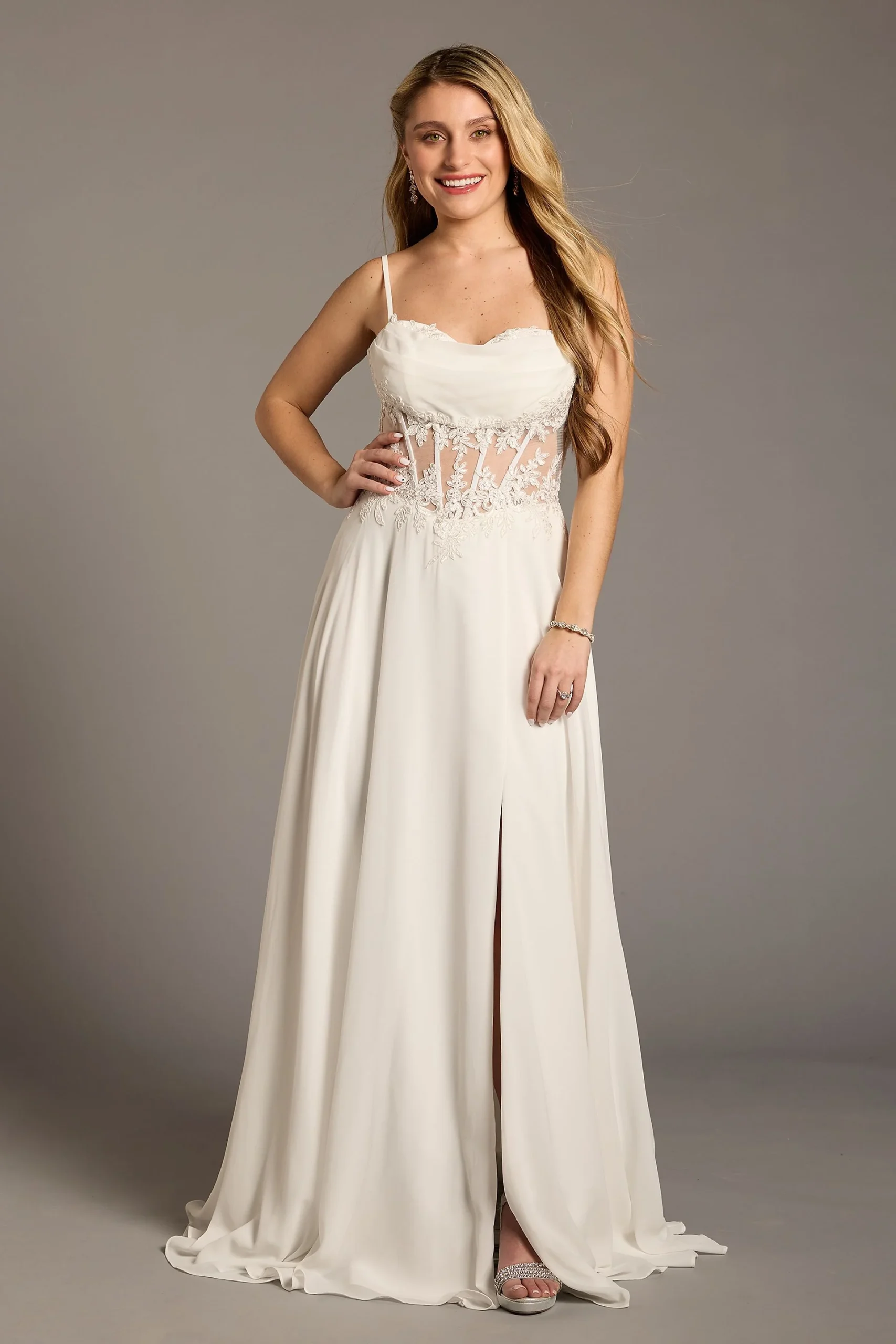 Chiffon Illusion Lace Bodice A-Line Wedding Dress