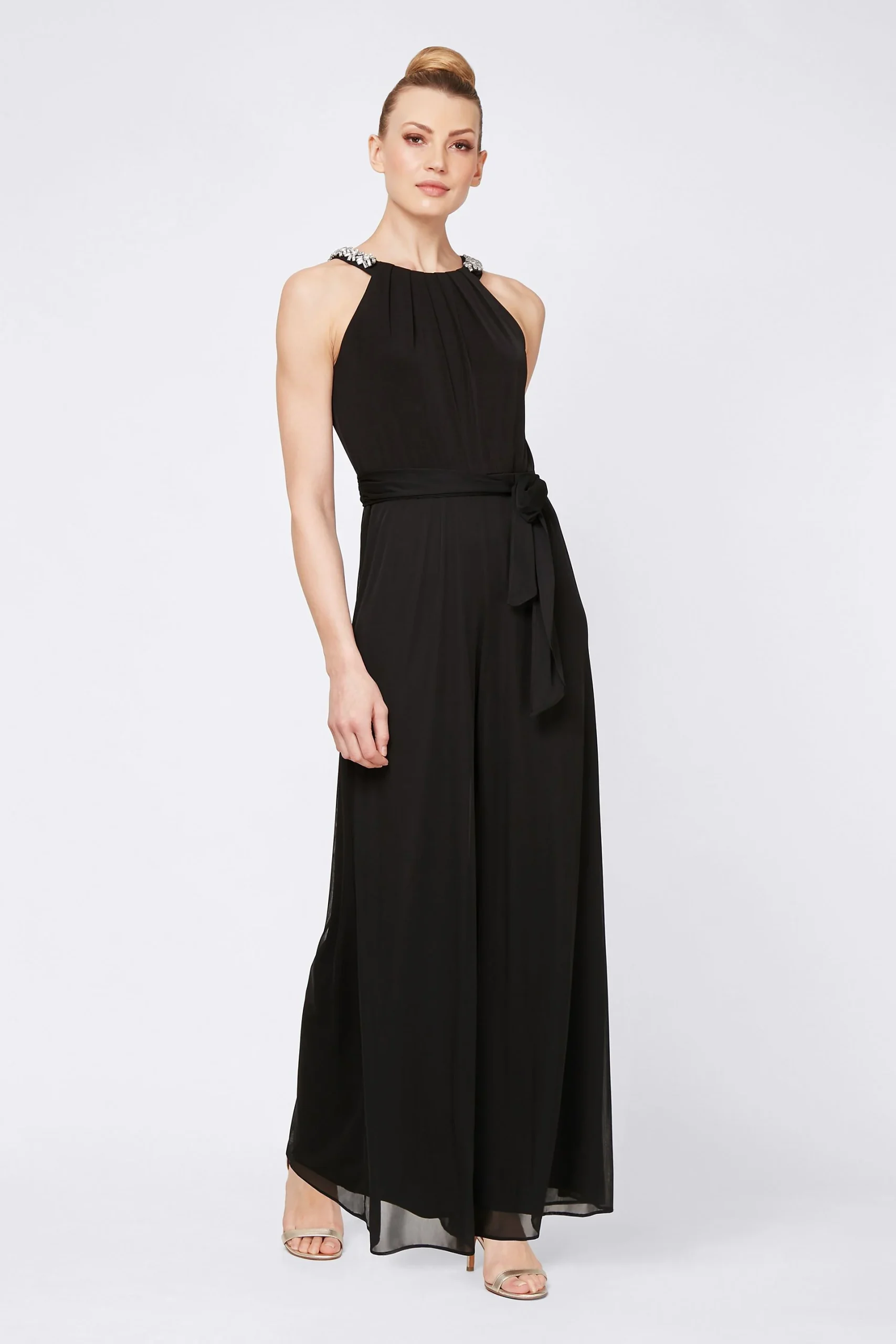 Chiffon Jumpsuit with Beaded Neckline and Sash