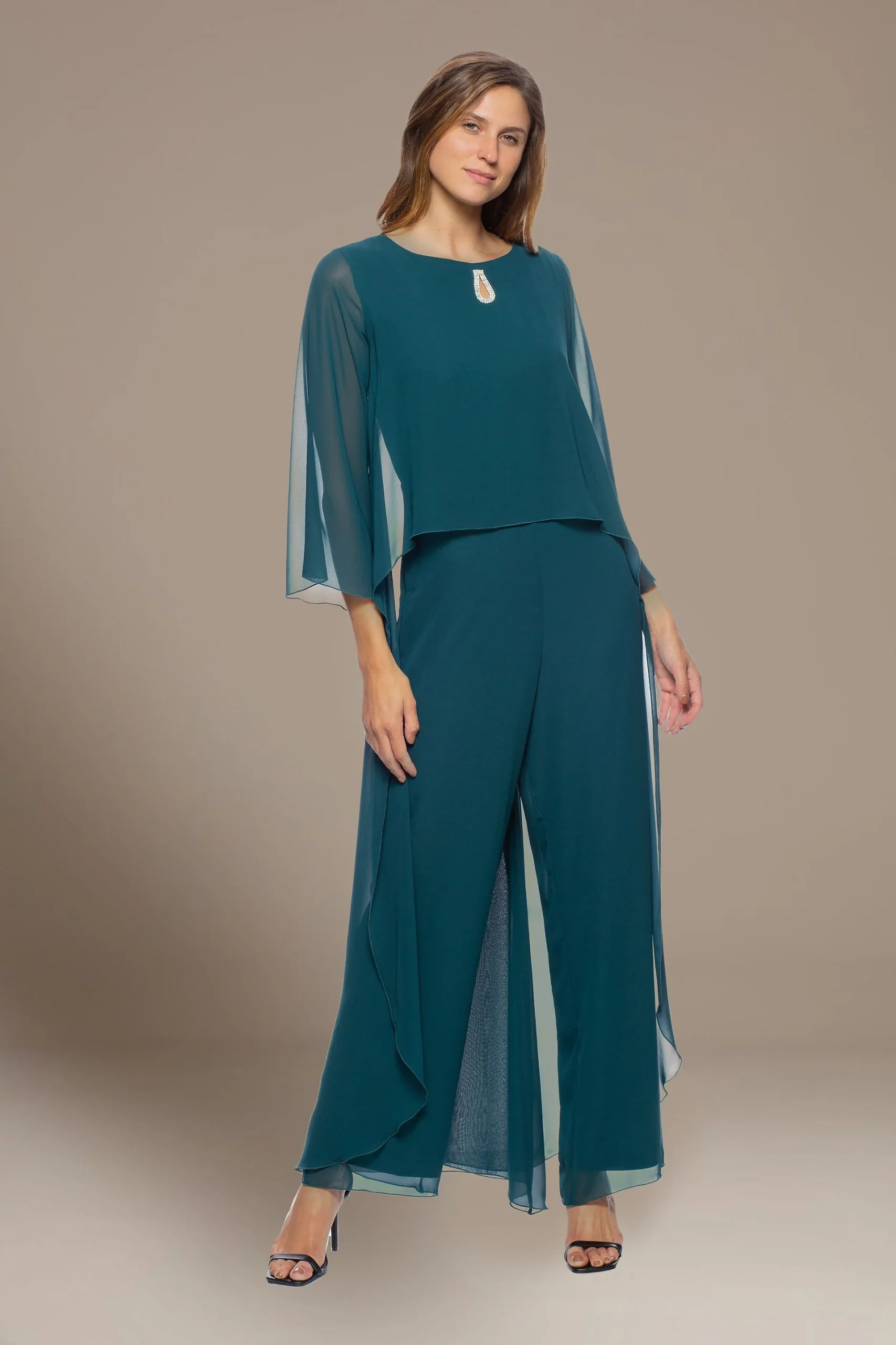 Chiffon Jumpsuit with Keyhole and Sheer Sleeves