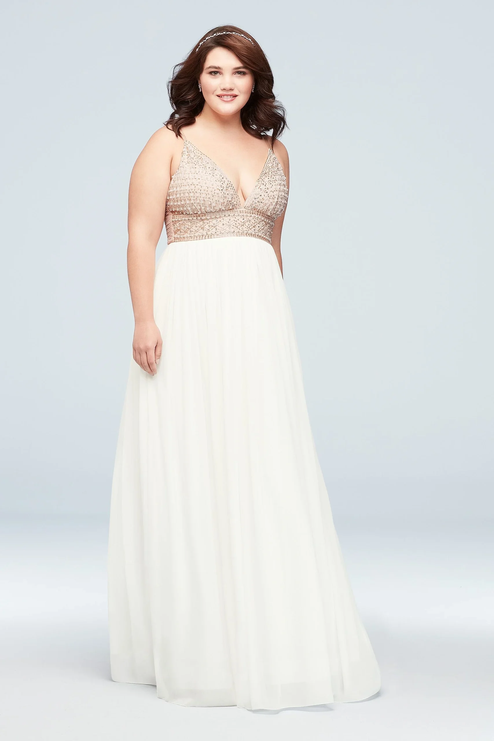 Chiffon A-Line Dress with Beaded V-Neck Bodice