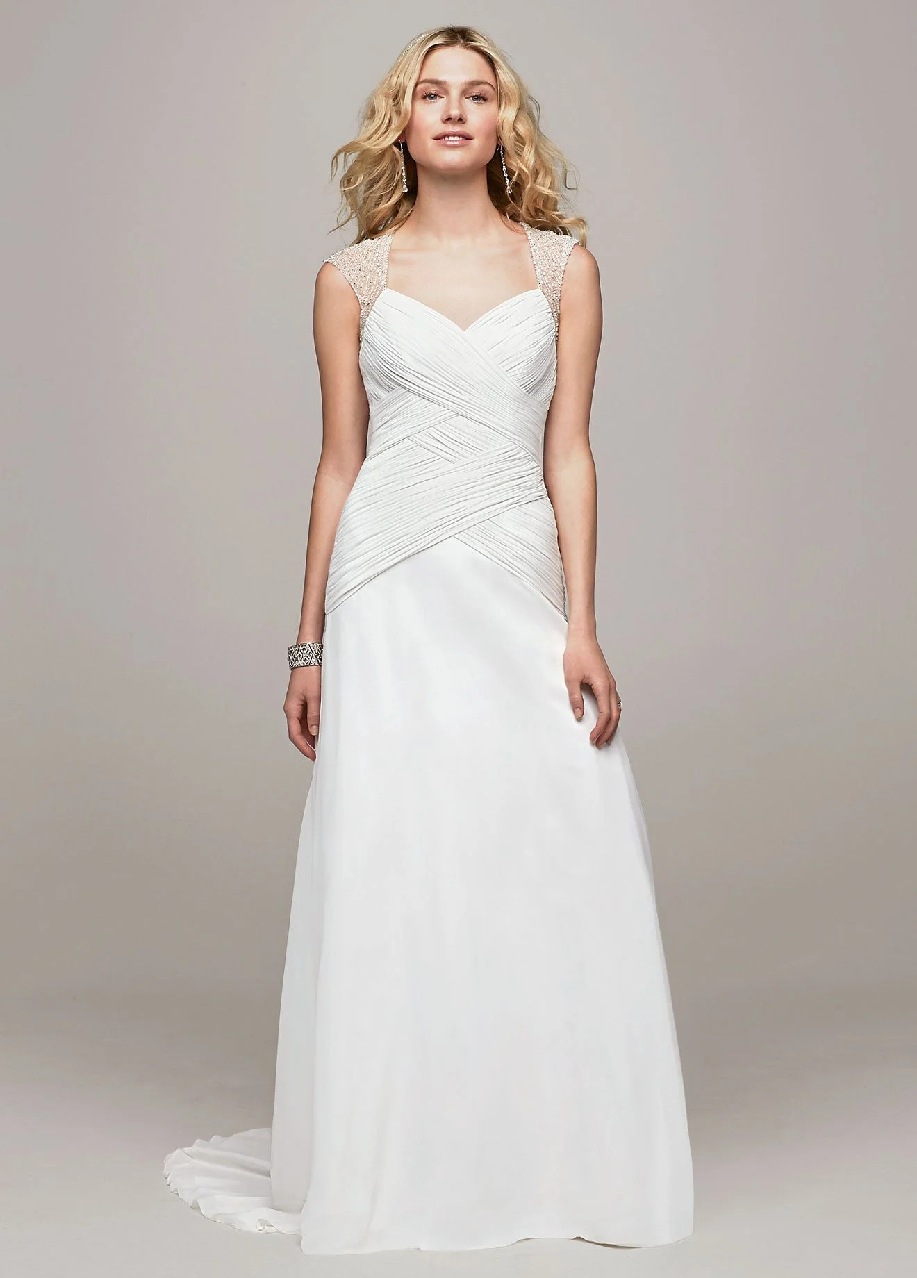 Chiffon A Line Gown with Beaded Cap Sleeve Detail