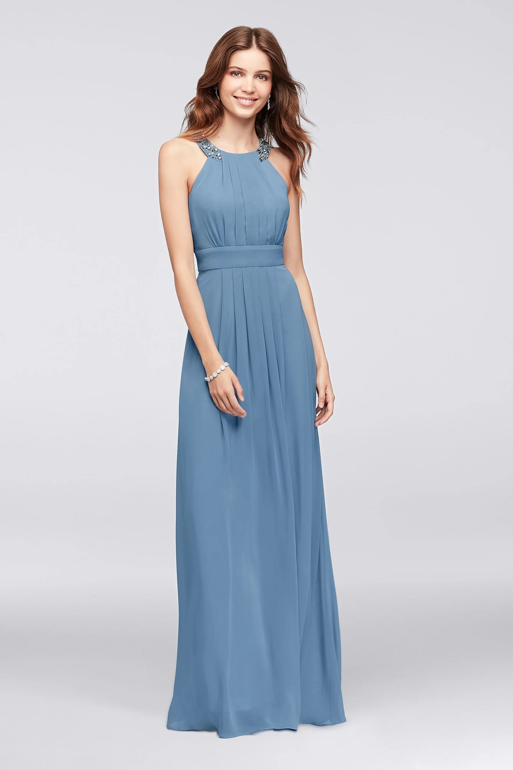 Chiffon Long Bridesmaid Dress with Beaded Neckline
