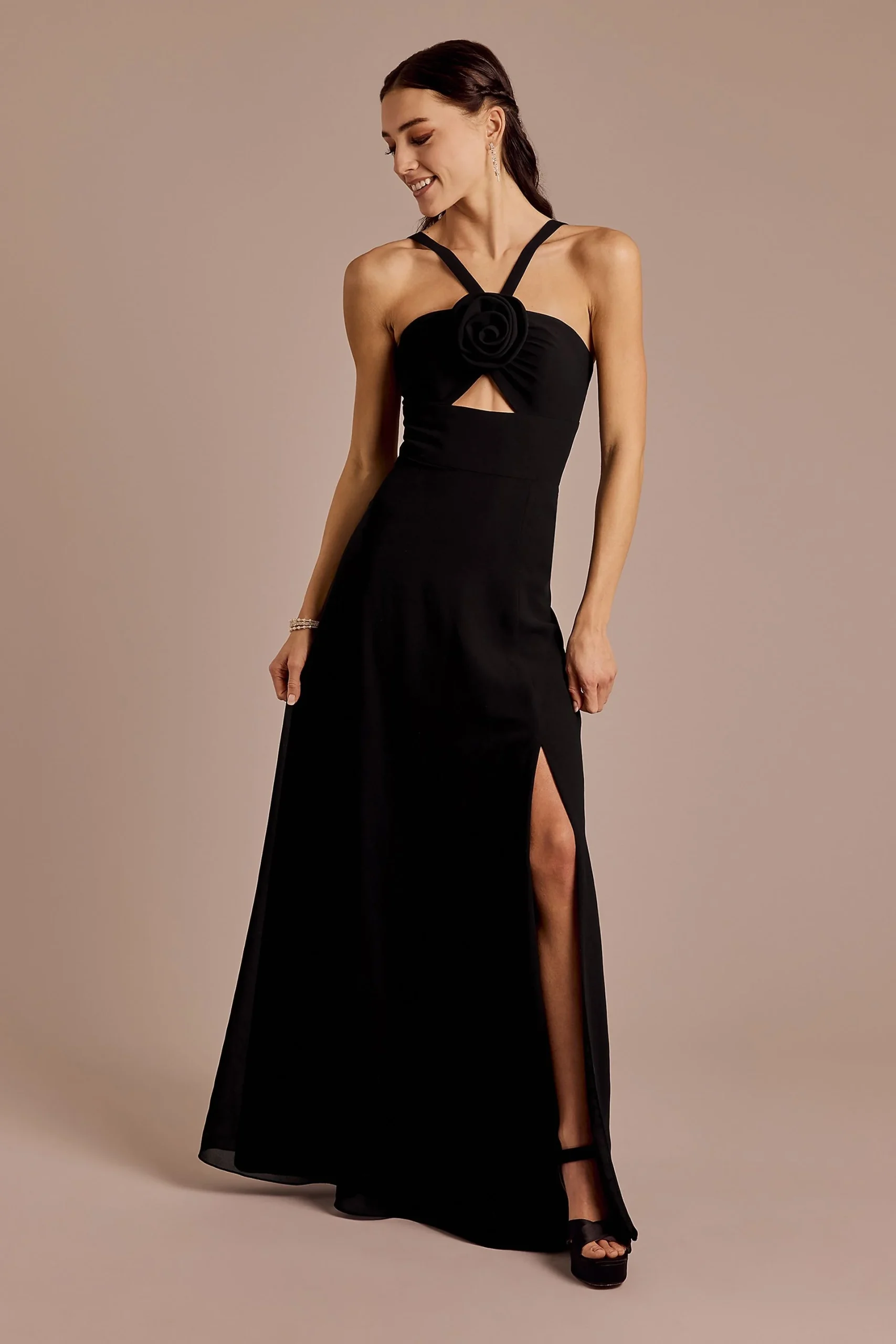 Chiffon Rosette A-Line Dress with Cutout