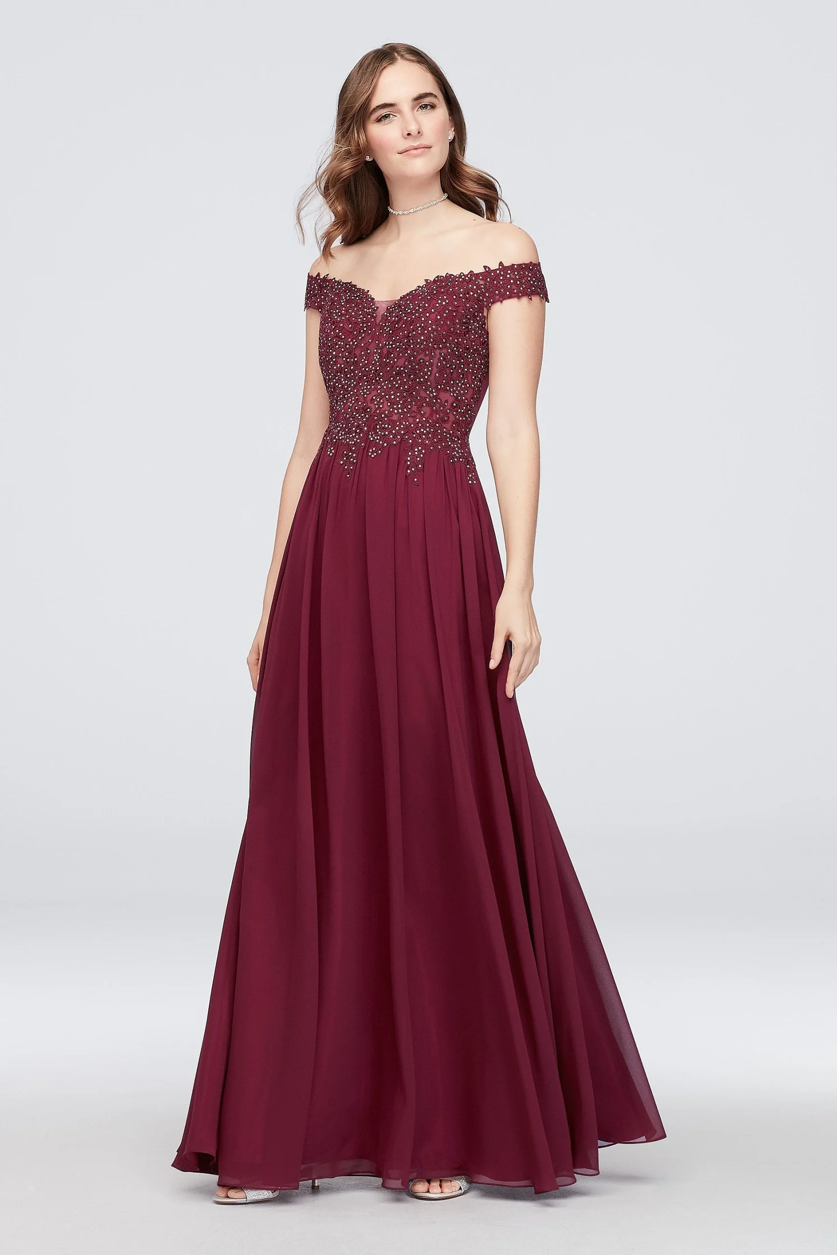 Chiffon Sheath Dress with Sheer Corded Lace Bodice