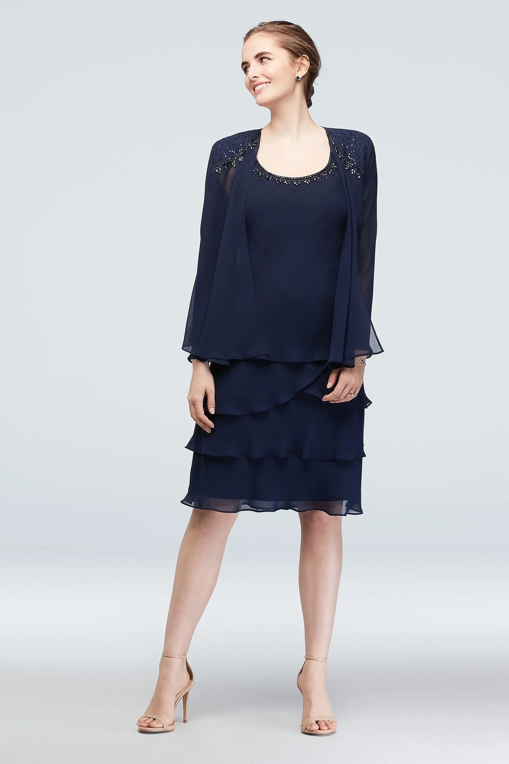 Chiffon Tiered Dress and Jacket with Embellishment