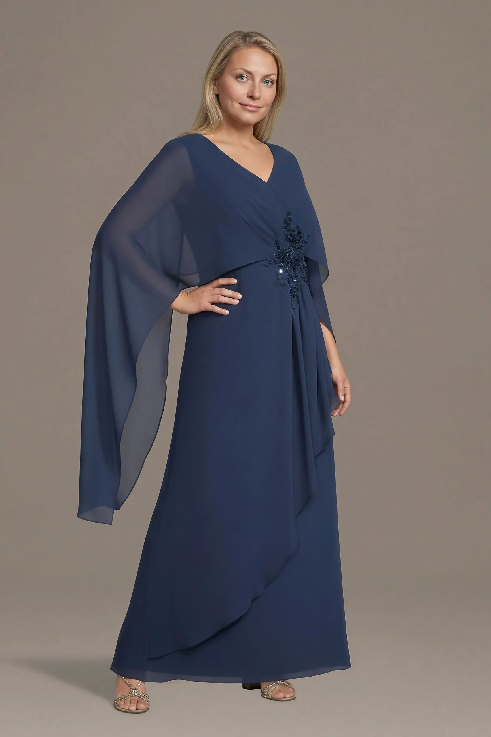 Chiffon V-Neck Sheath Dress with Cape