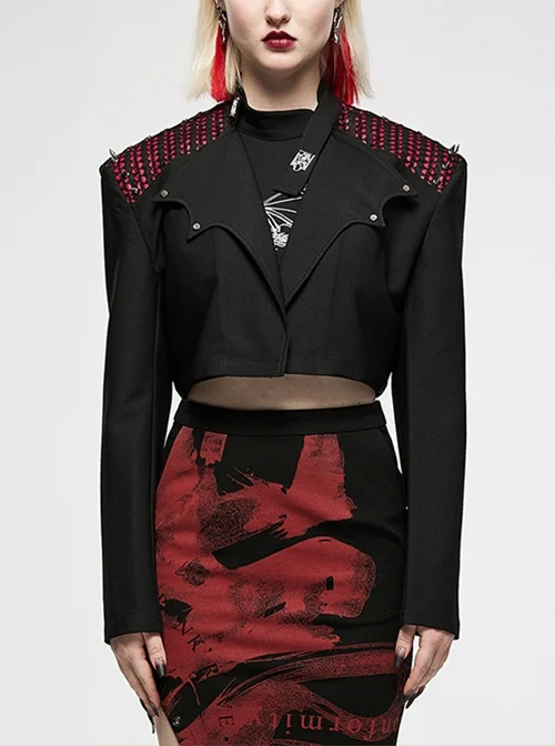 Chinese Style Dragon Wing Irregular Lapel Wide Shoulder Stitching Design Punk Black Red Handsome Short Coat Women