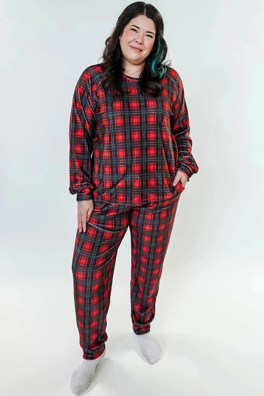 Cloud Nine Pajamas Velvety Velour Long Sleeves Lounge Set, Red Plaid (MN600VVT/J)