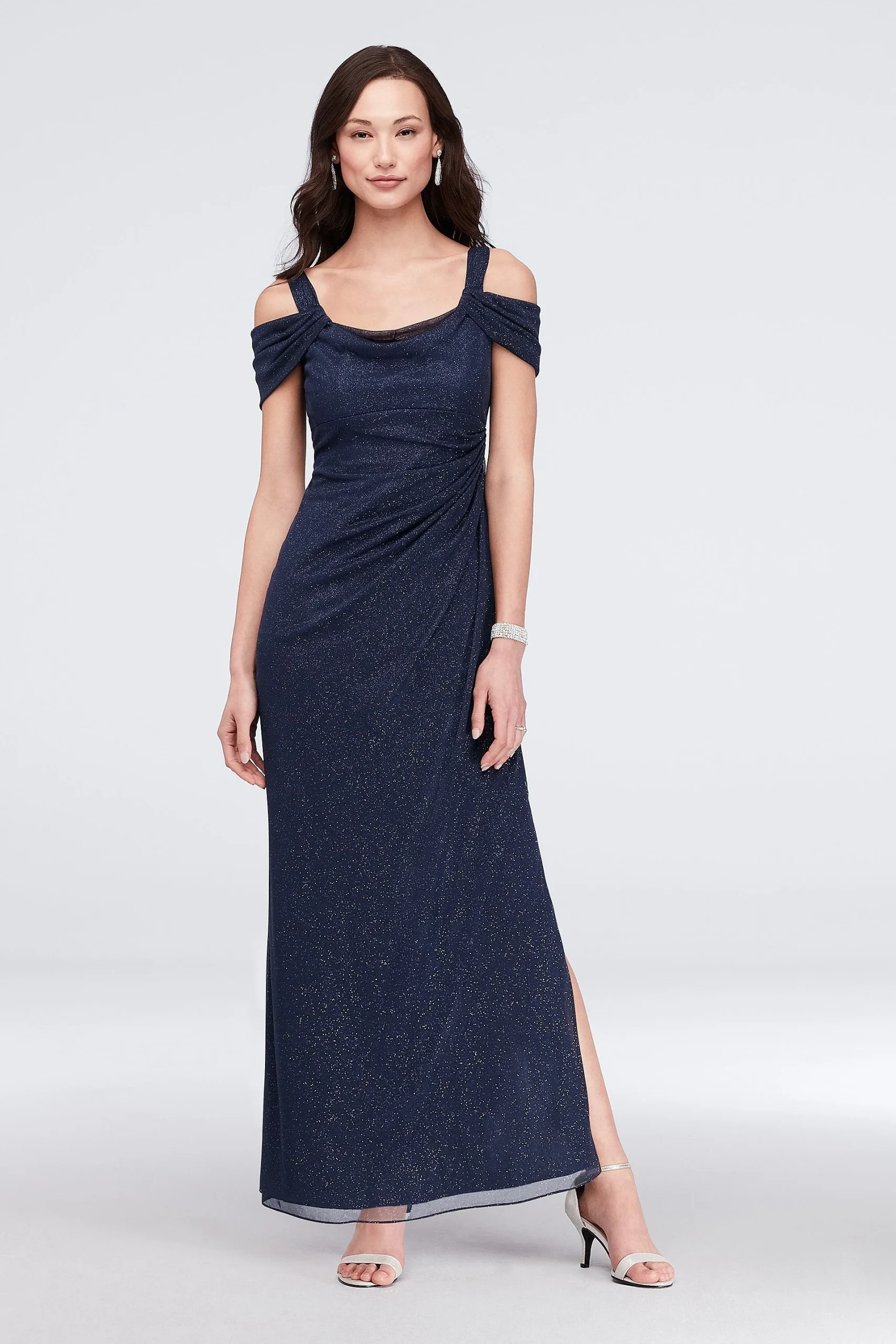 Cold-Shoulder Ruched Mesh Petite Sheath Gown