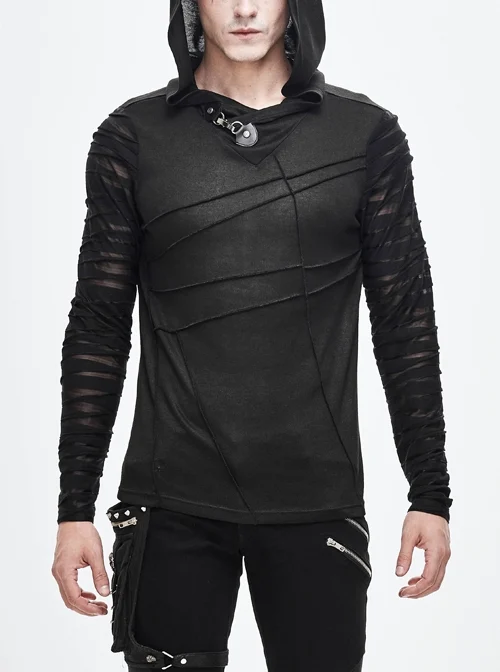 Collar Metal Button Irregular Striped Patchwork Bandage Hooded Black Punk T-Shirt