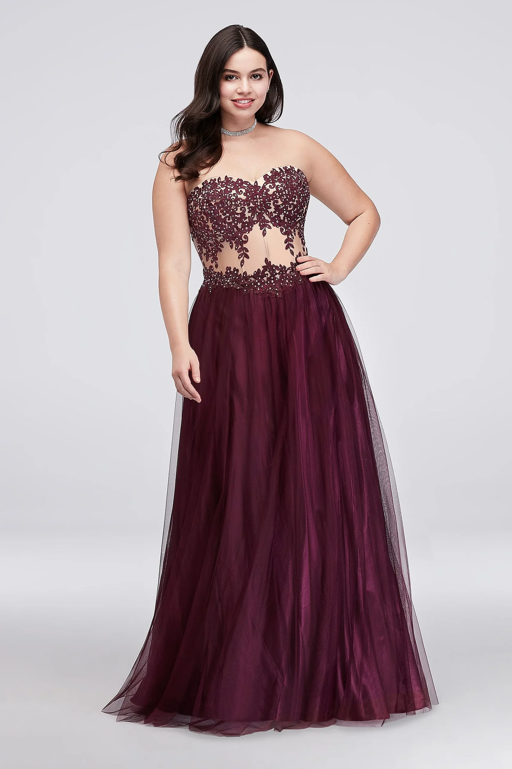 Corded Lace Applique Illusion Bodice Ball Gown