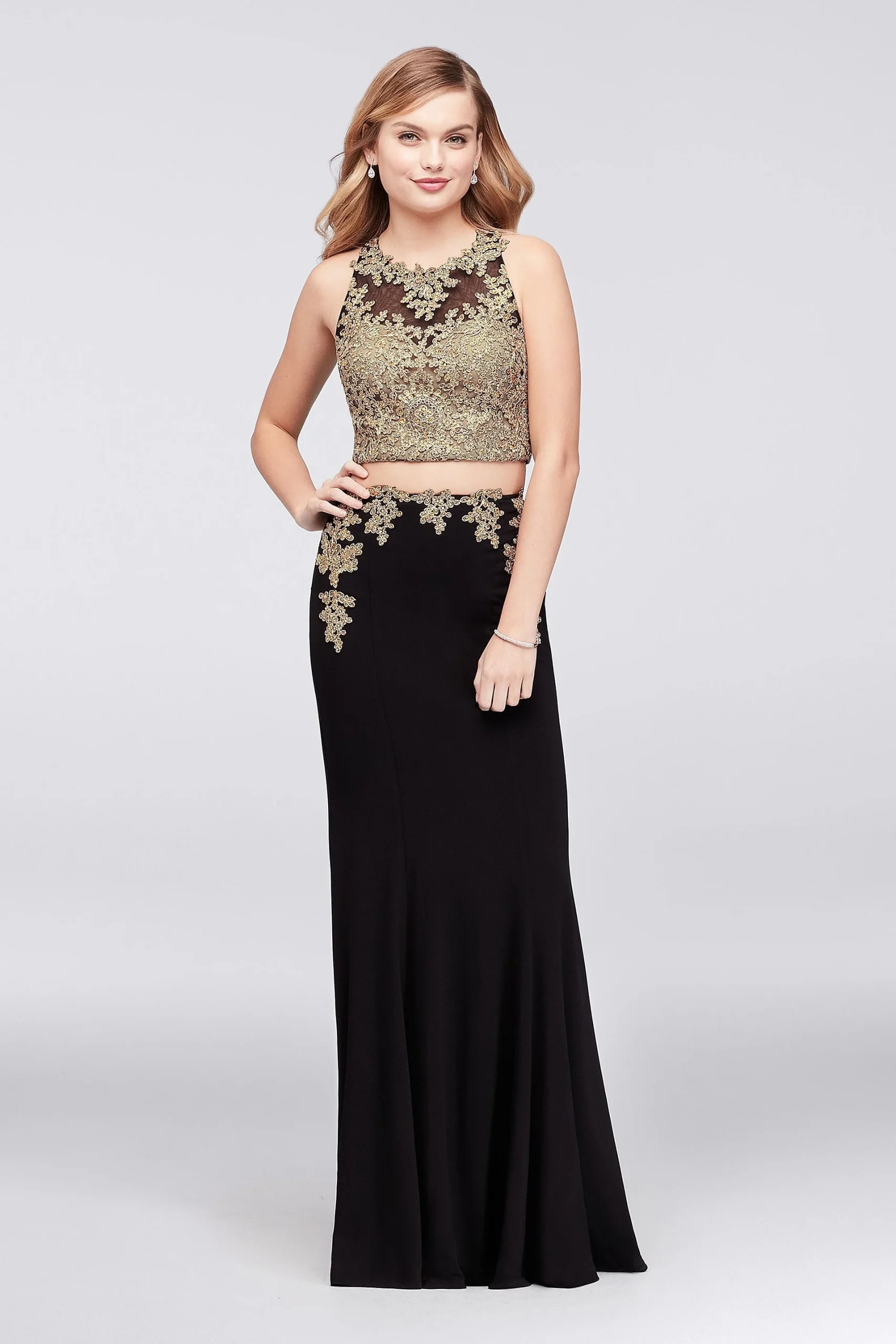 Corded Lace Applique Jersey Two-Piece Dress