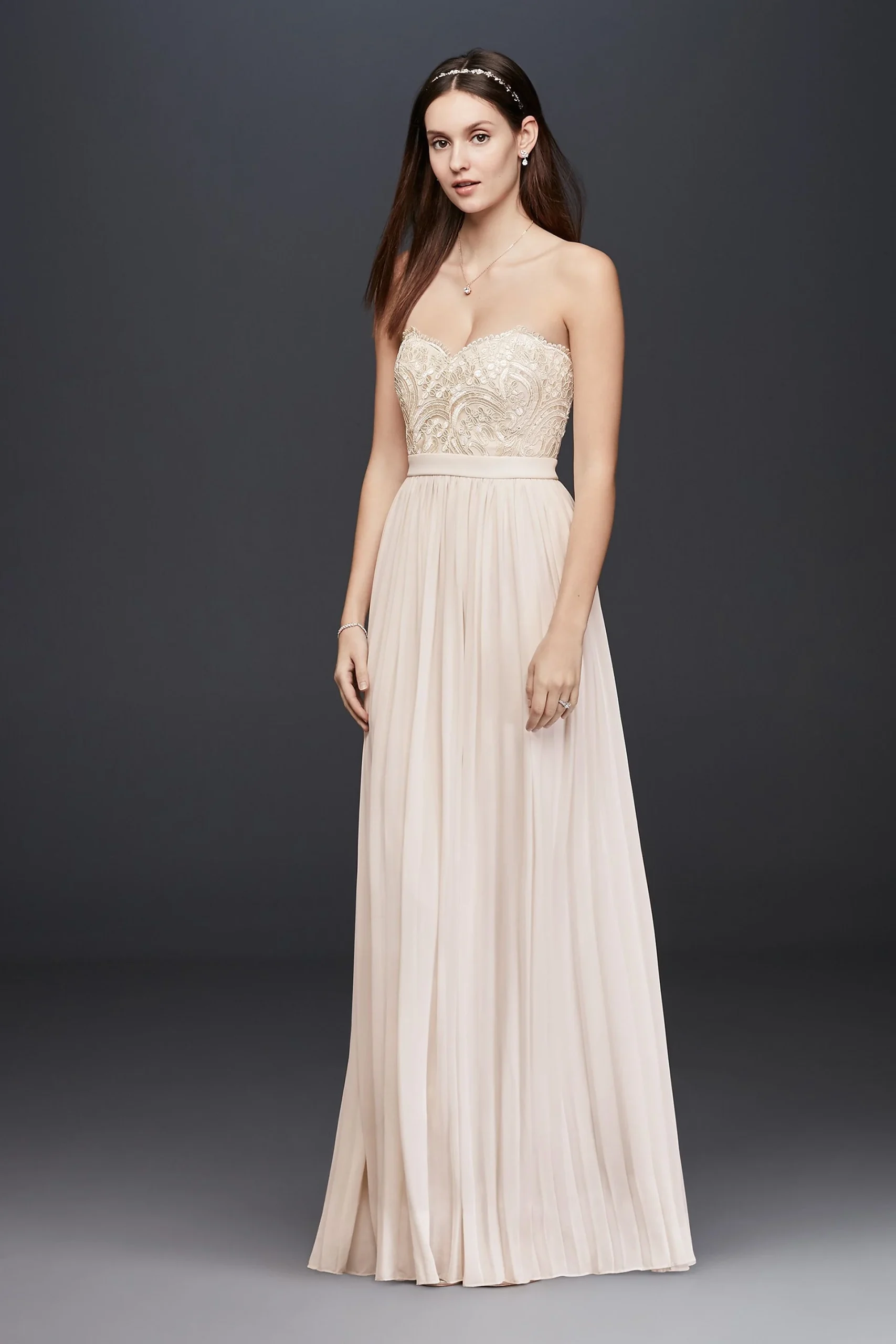Corded Lace and Chiffon Dress with Pleated Skirt