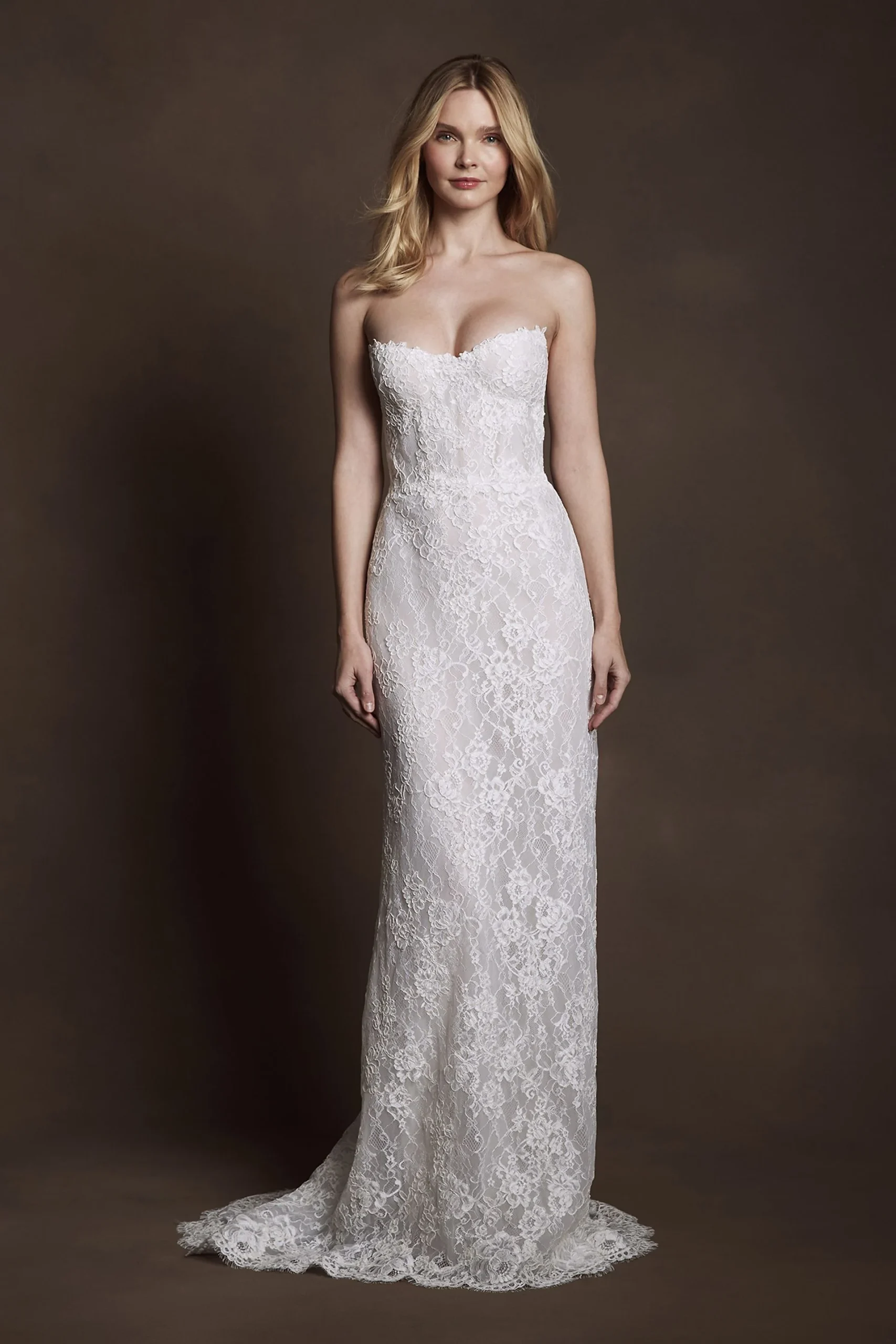 Corded Lace Strapless Column Wedding Dress