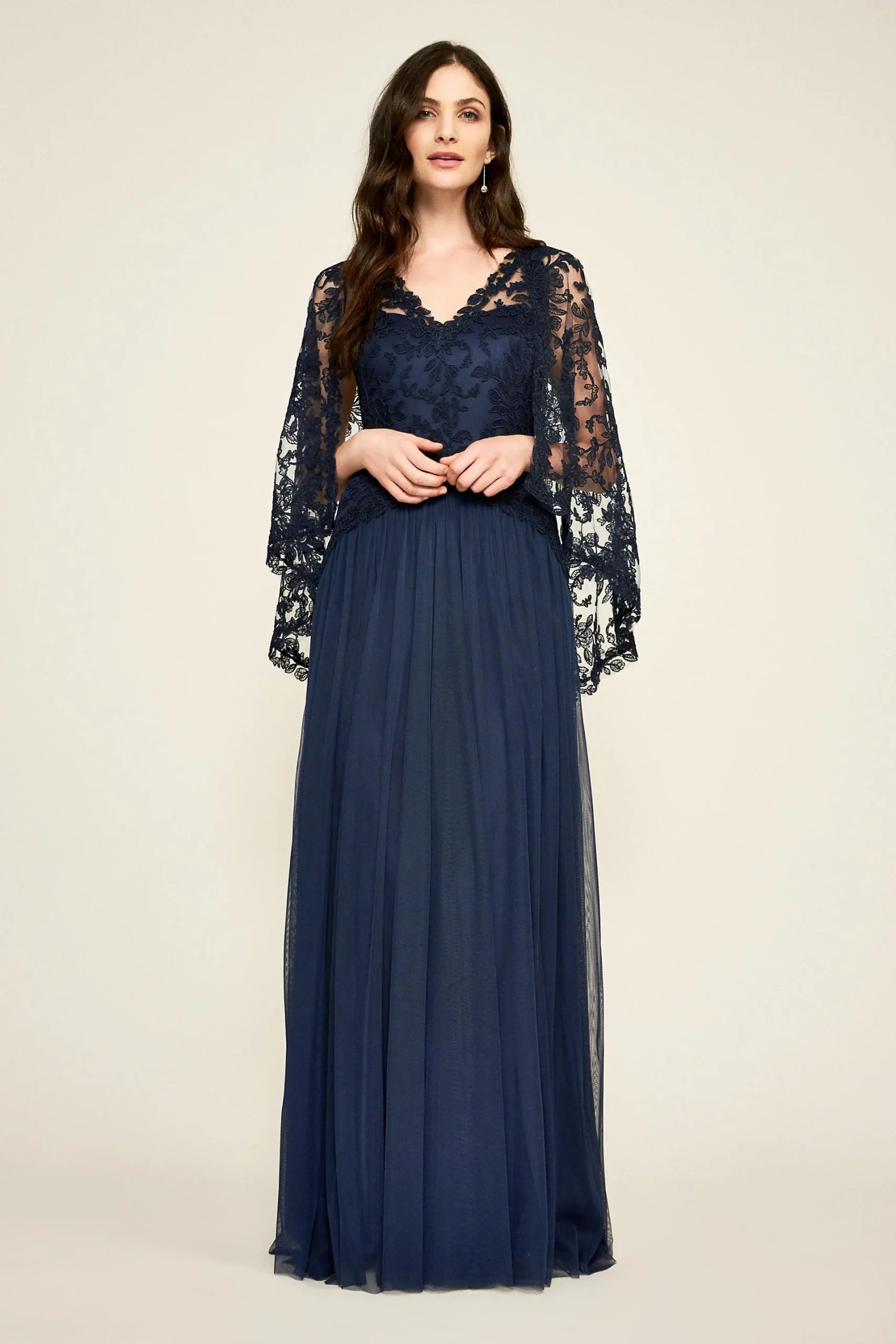 Corded Tulle Dress with Sheer Cape Overlay