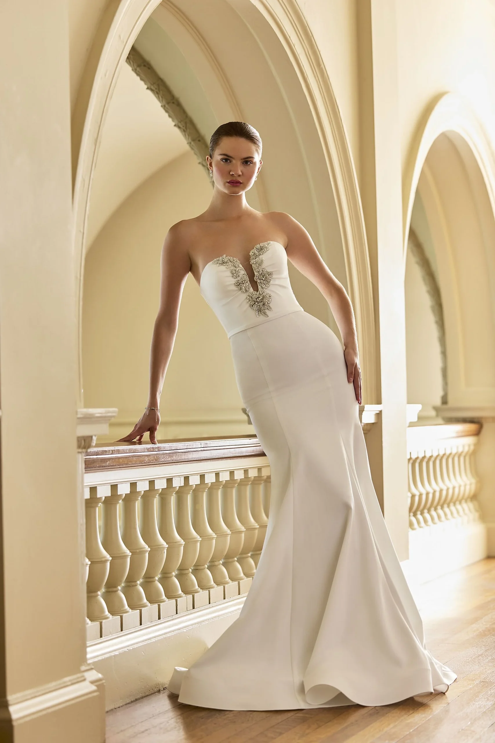 Couture Beaded Stretch Satin Plunge Mermaid Gown