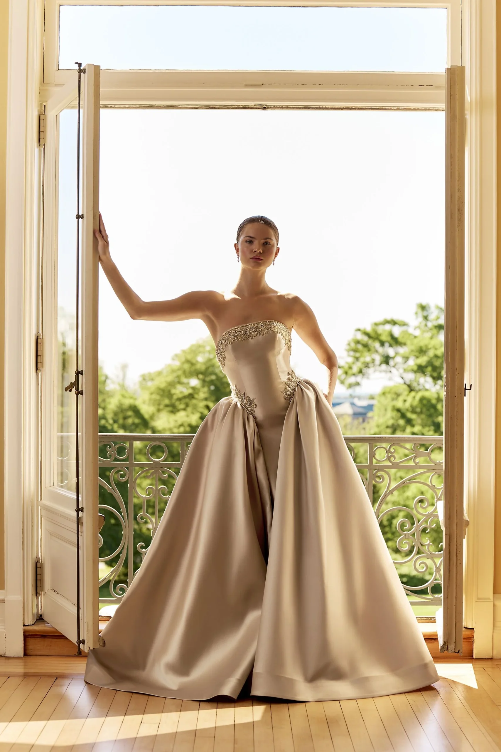 Couture Jeweled Mikado Sheath Dress with Overskirt