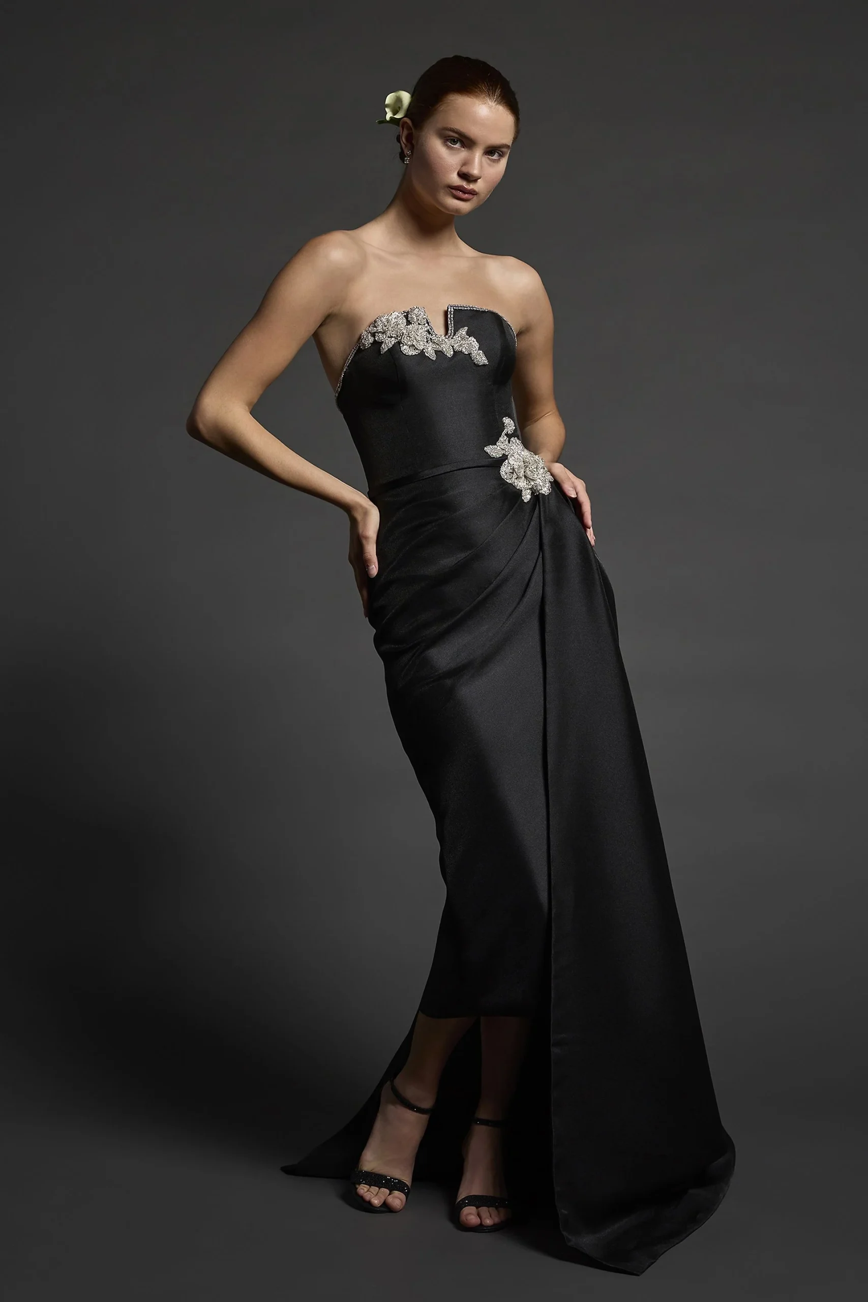 Couture Jeweled Tea-Length Mikado Sheath Dress