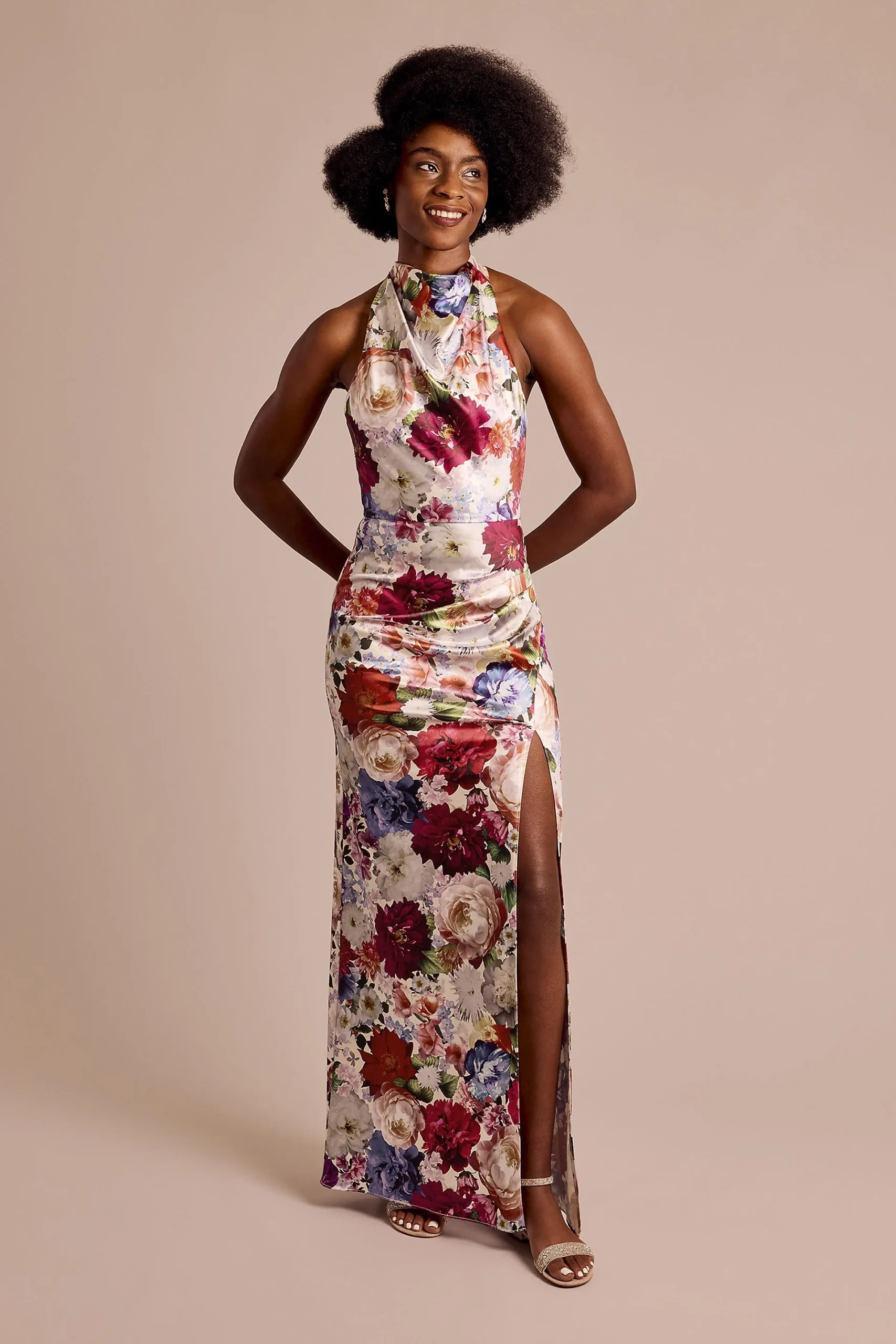 Cowl Halter Neckline Floral Print Sheath Dress
