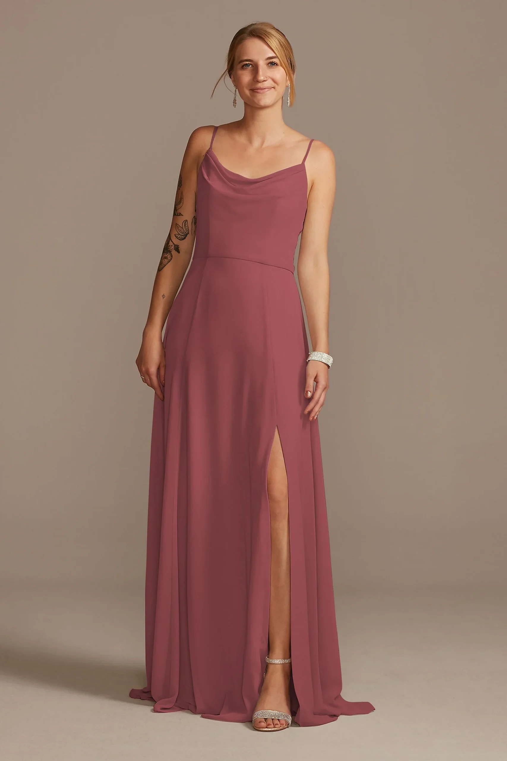 Cowl Neck Chiffon Dress with Slit